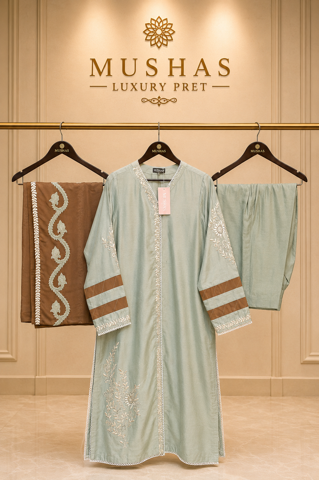 Embroidered Pista Green 3-Piece Suit