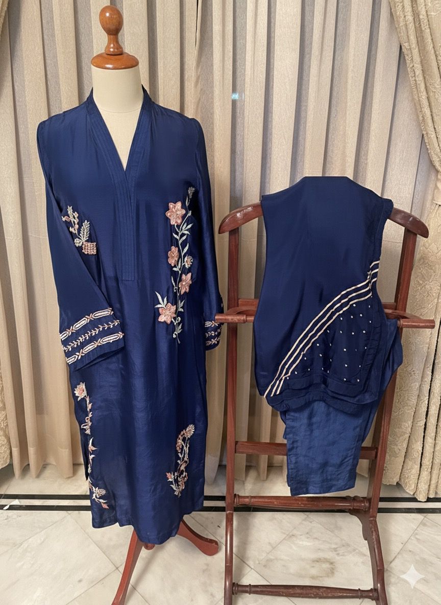M126-Elegant Blue Embroidered Dress Set