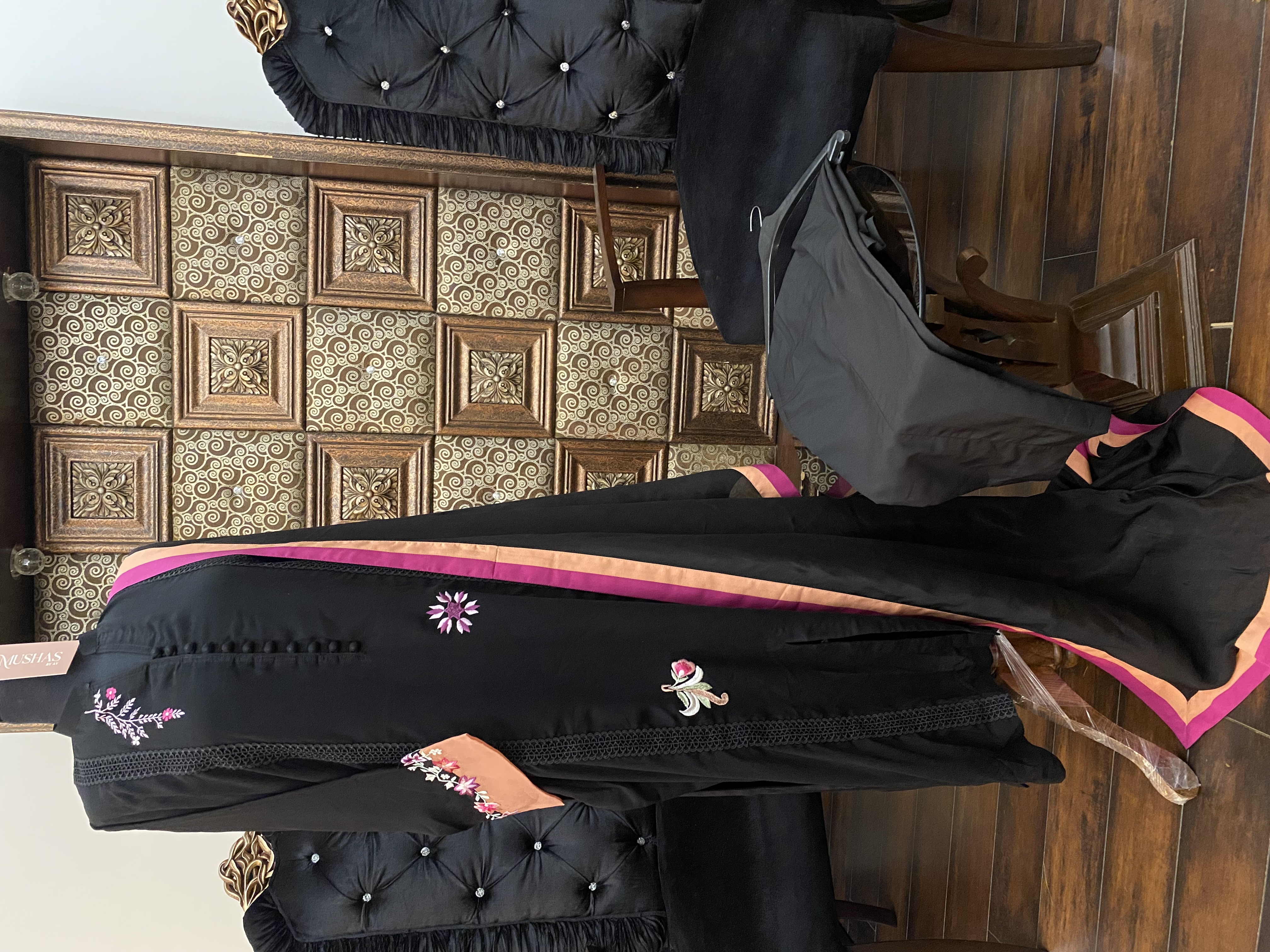 M113- Embroidered Black Georgette Dress Paired with Straight Pants- 3 Pcs