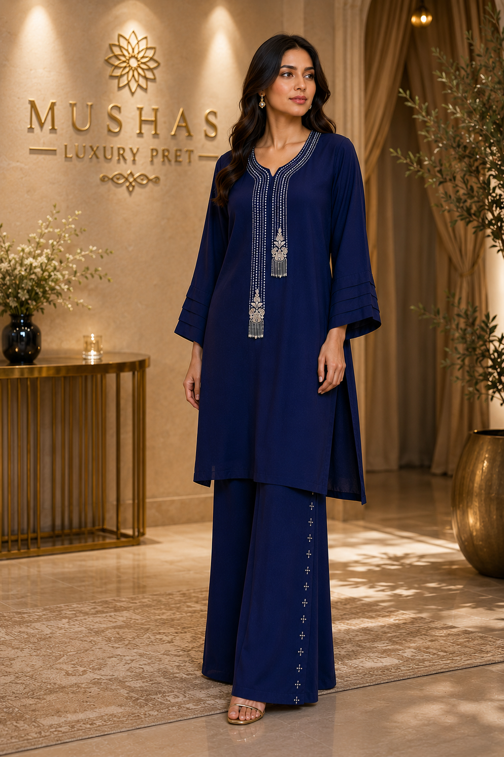 Navy Blue Embroidered Suit Set