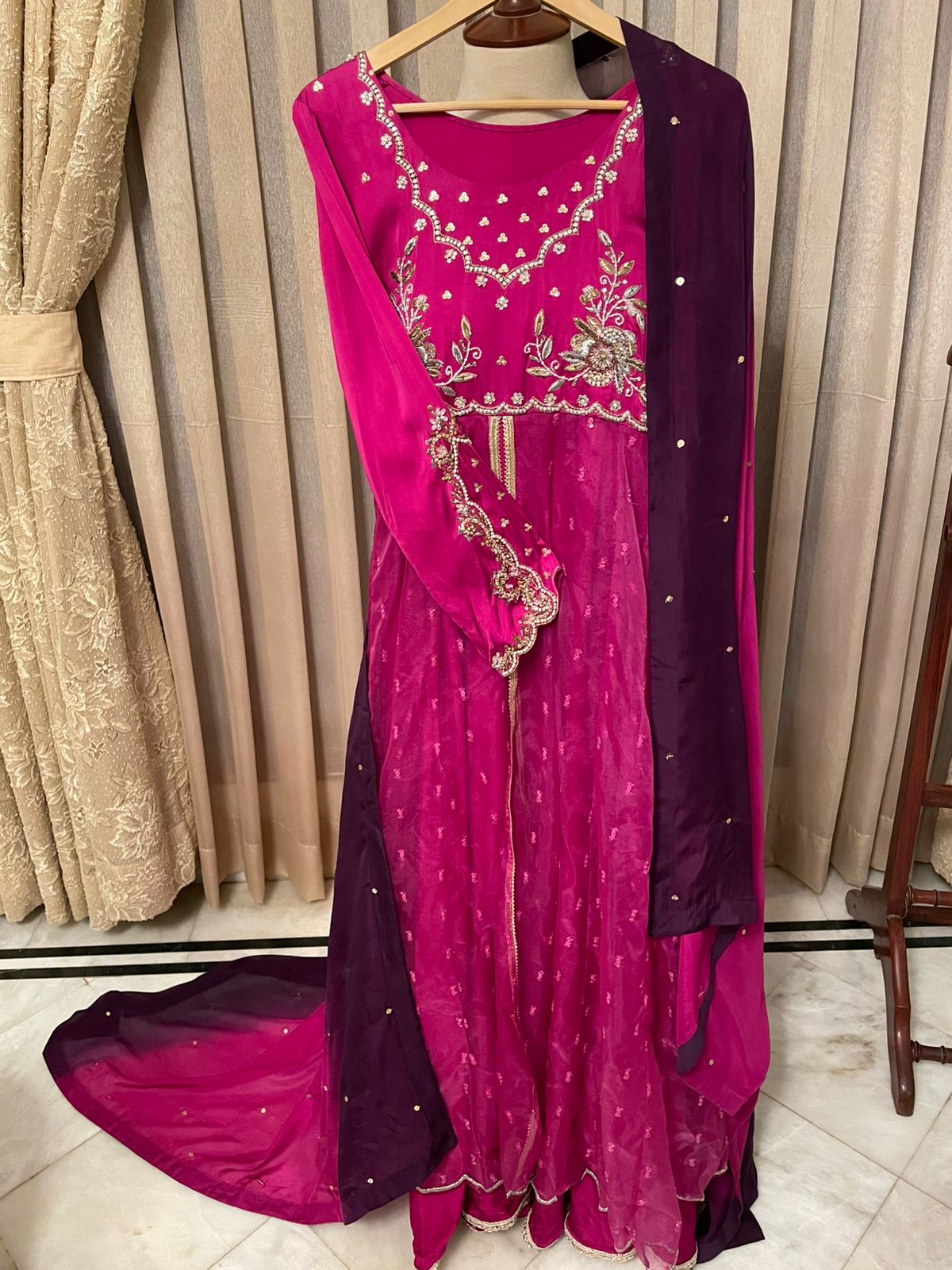 M123- Pink Charmeuse Embroidered Maxi Gown