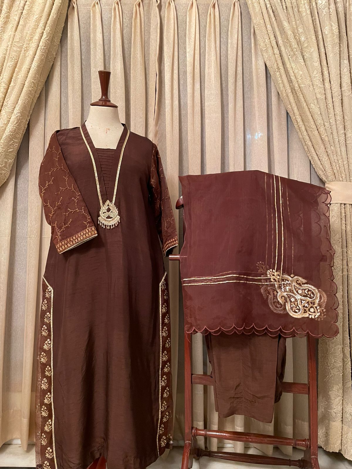 M131-Elegant Brown Embroidered Suit 3 Pcs