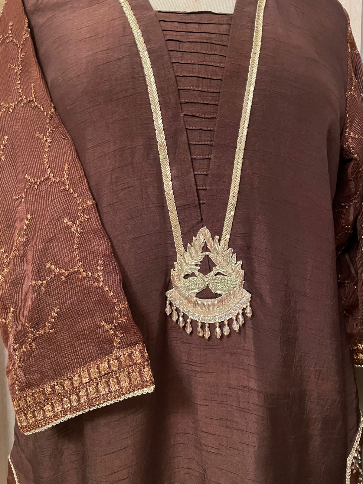 M131-Elegant Brown Embroidered Suit 3 Pcs