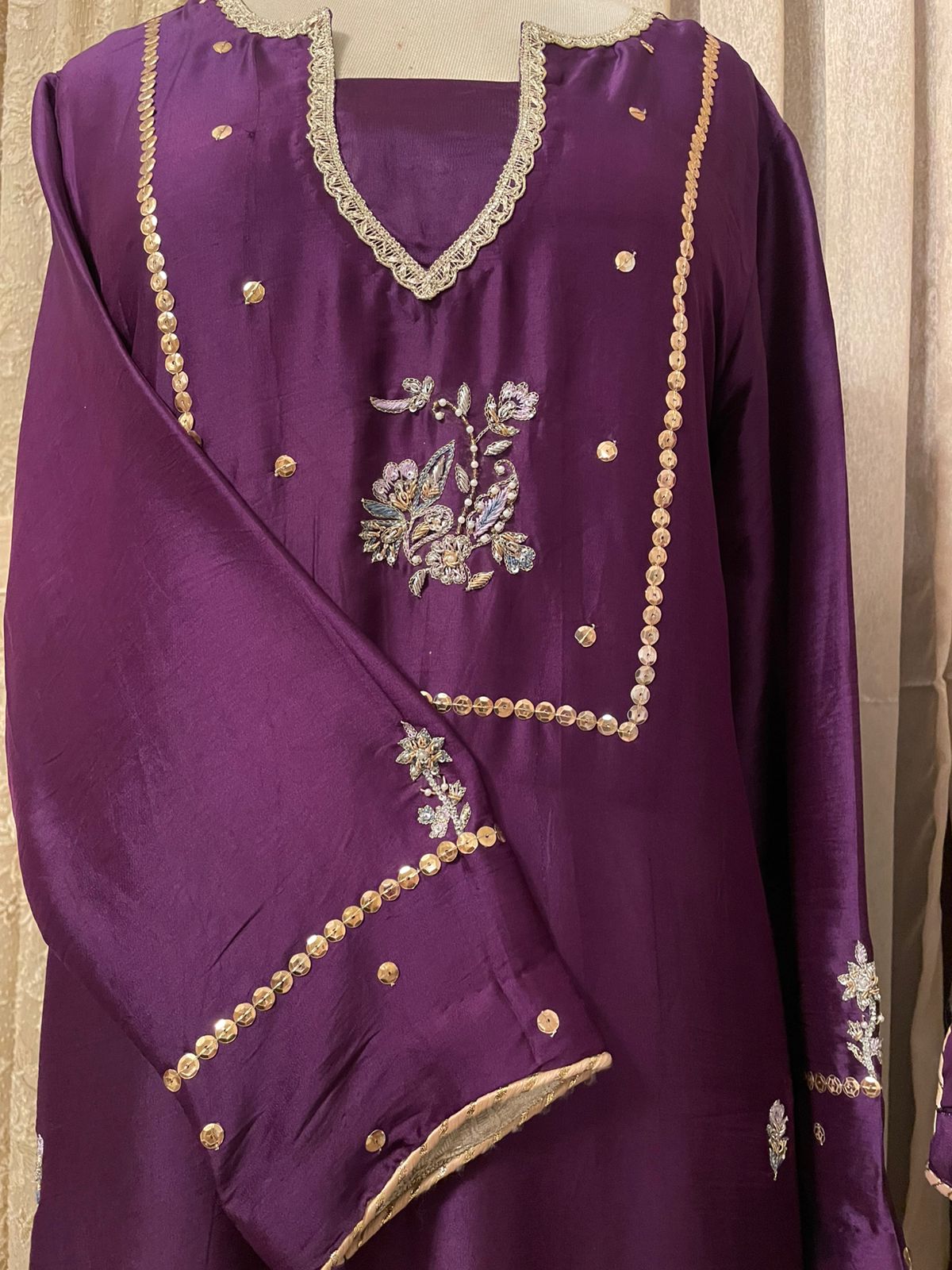 M129- Brinjal Sheesha Silk Embroidered Ensemble