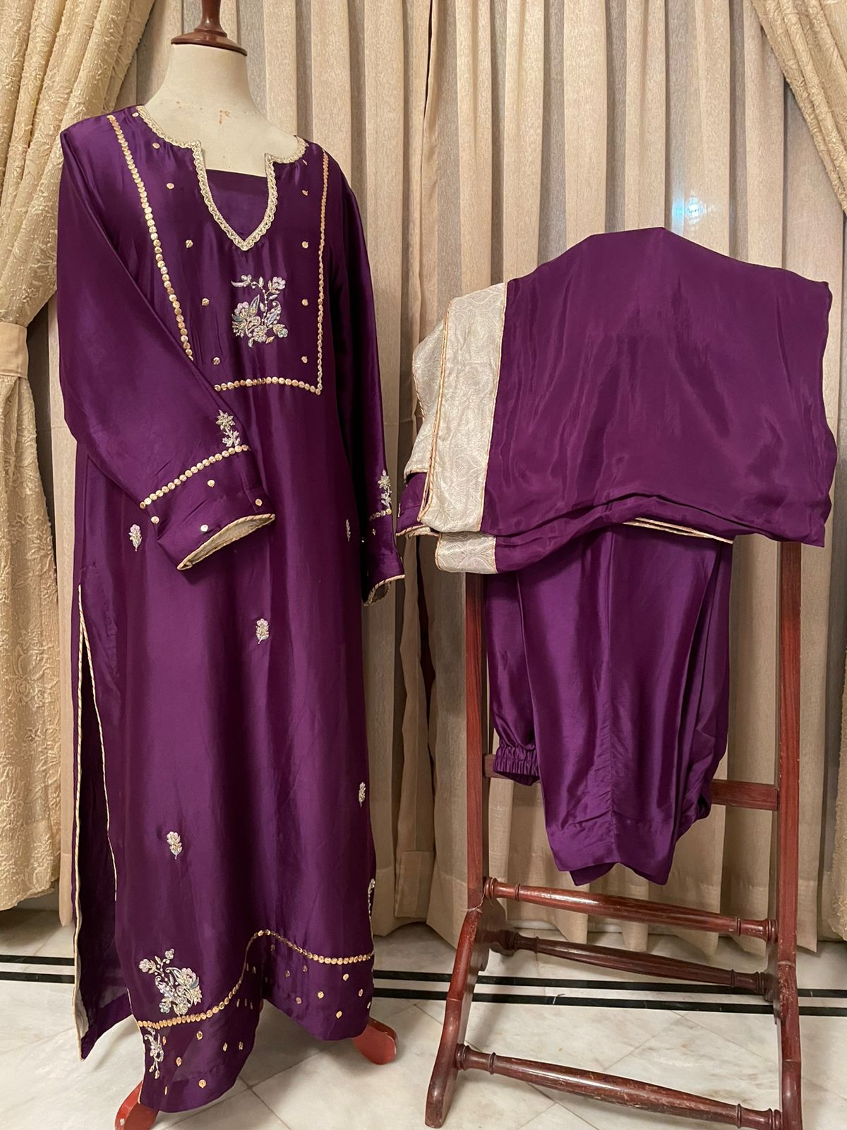 M129- Brinjal Sheesha Silk Embroidered Ensemble