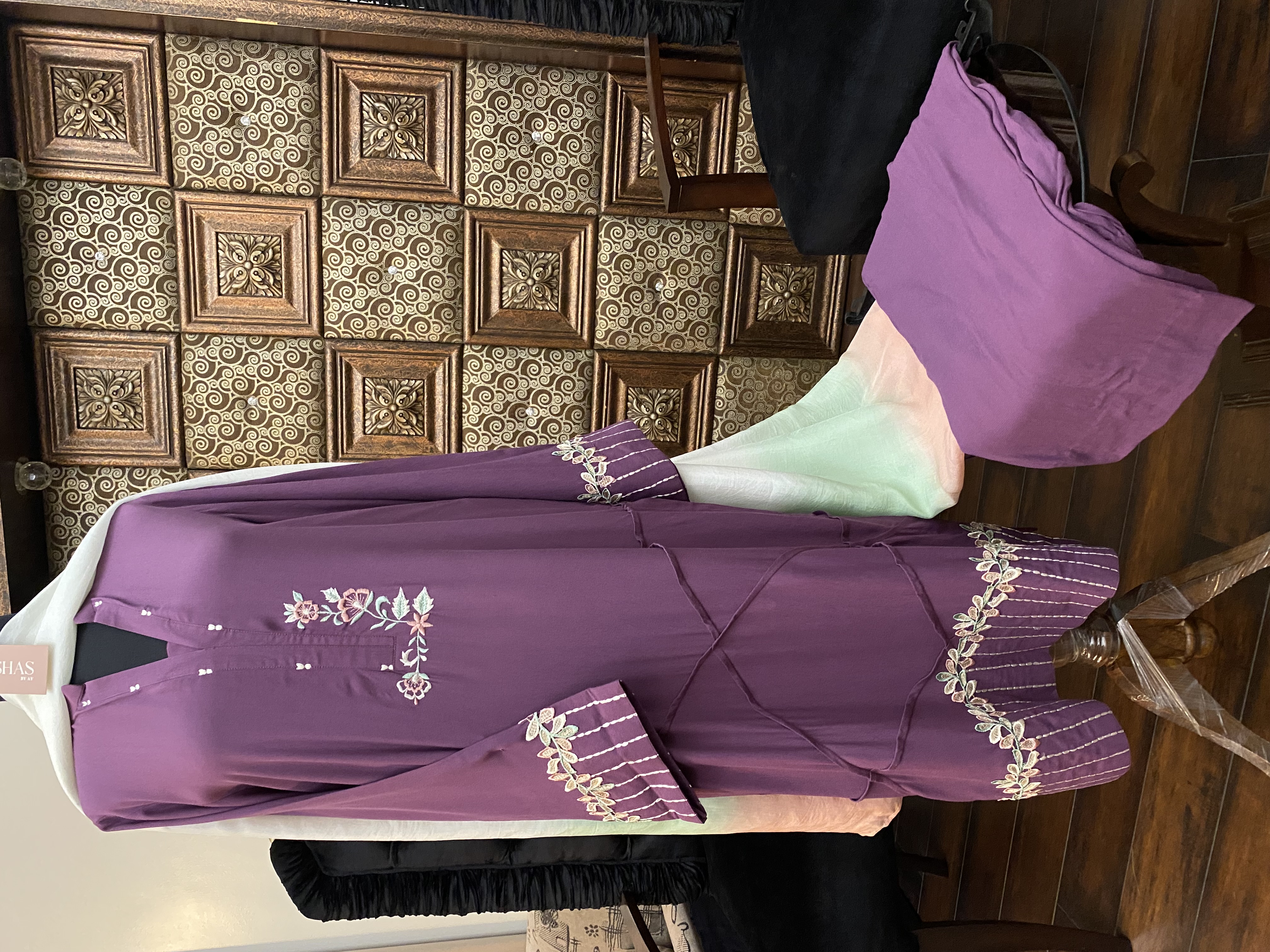 M111- Purple Embroidered Dress paired with Culottes- 3 pcs