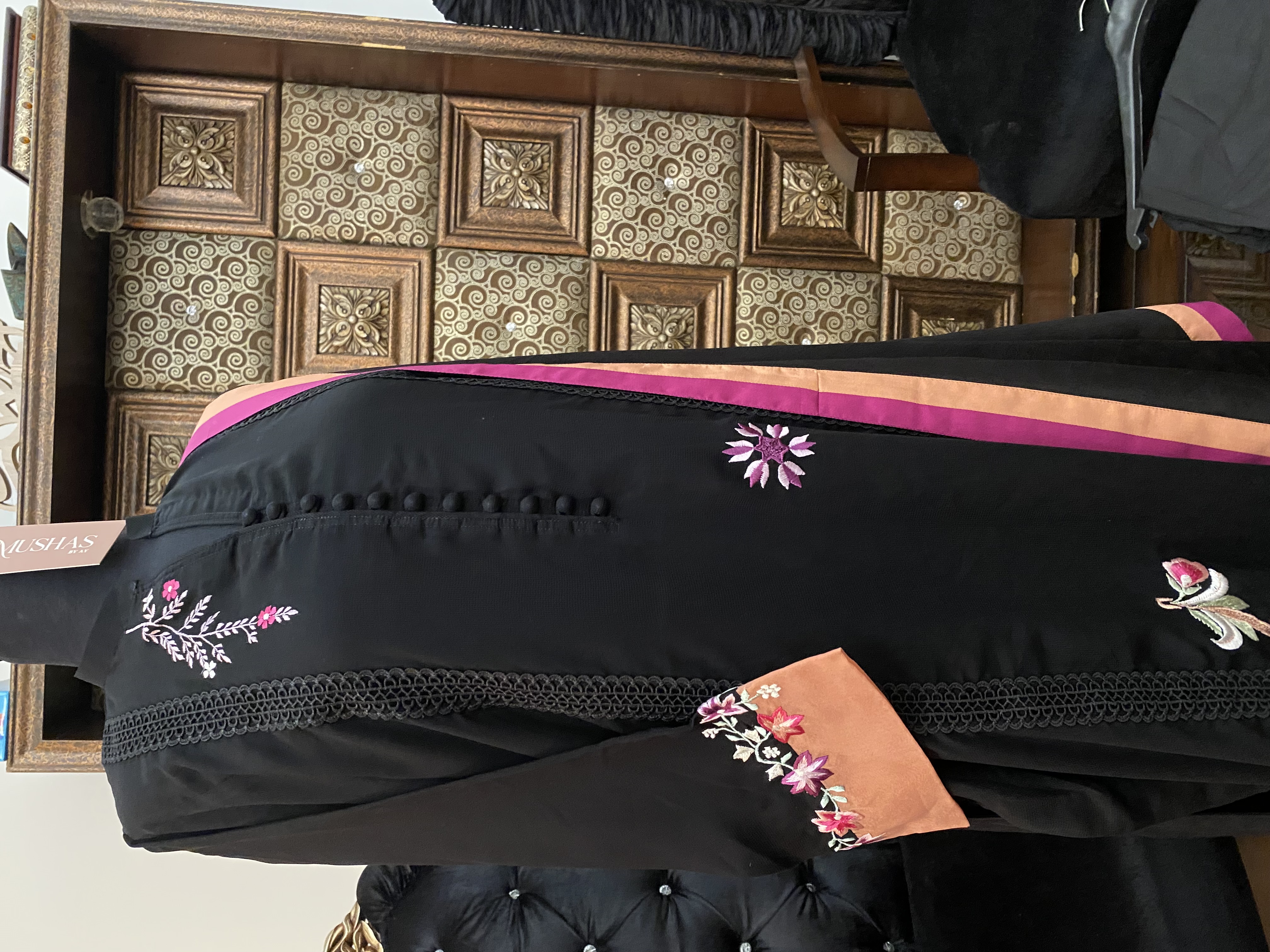 M113- Embroidered Black Georgette Dress Paired with Straight Pants- 3 Pcs