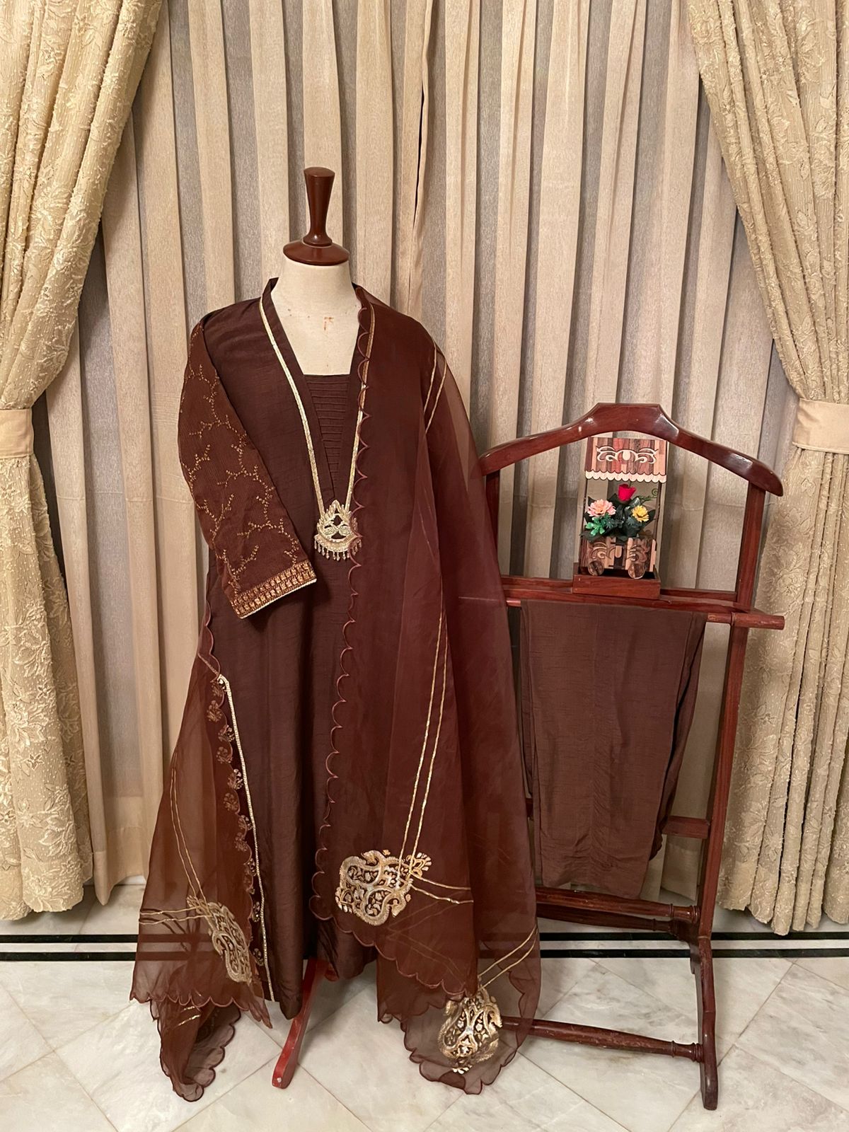 M131-Elegant Brown Embroidered Suit 3 Pcs