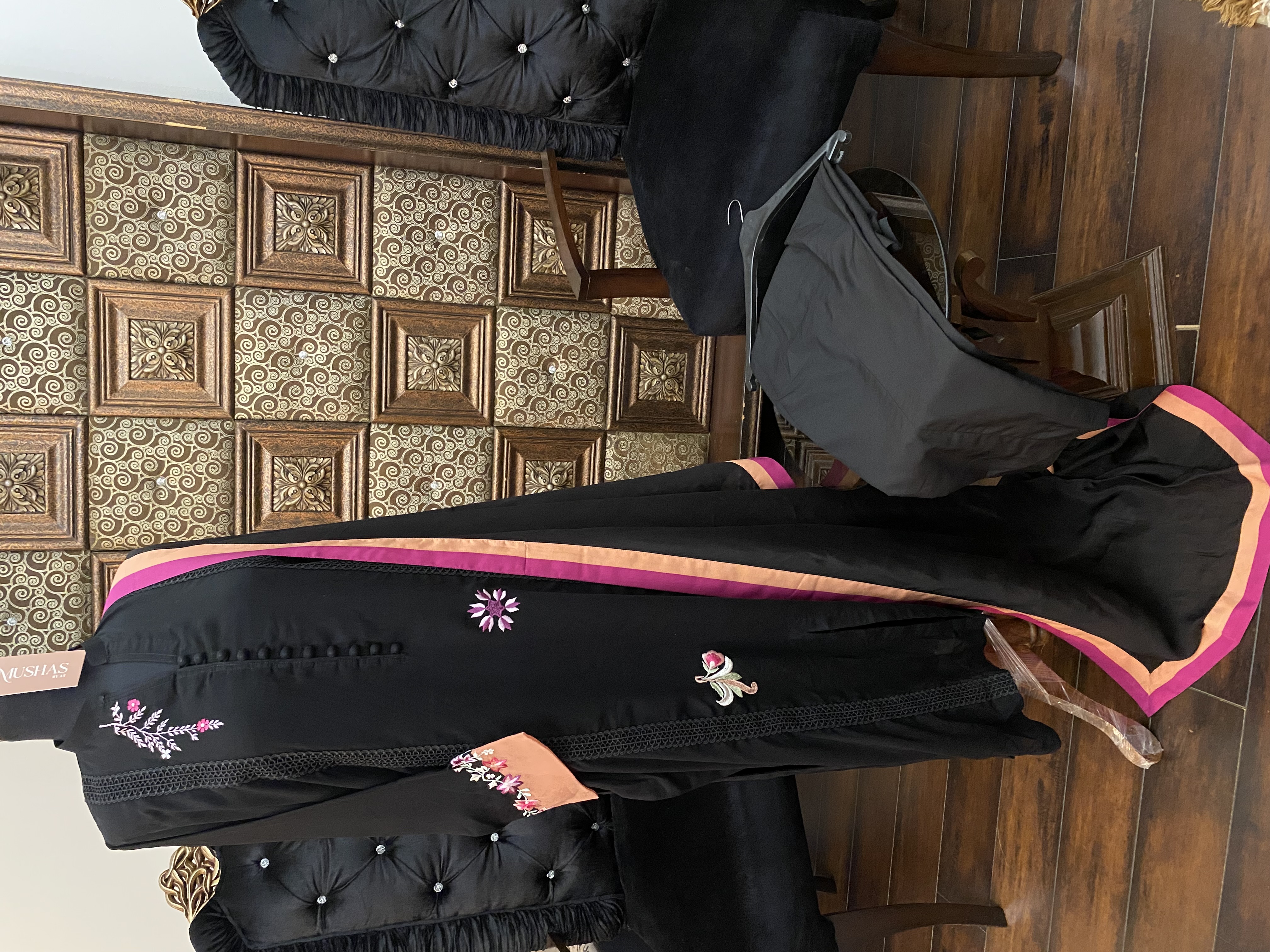 M113- Embroidered Black Georgette Dress Paired with Straight Pants- 3 Pcs