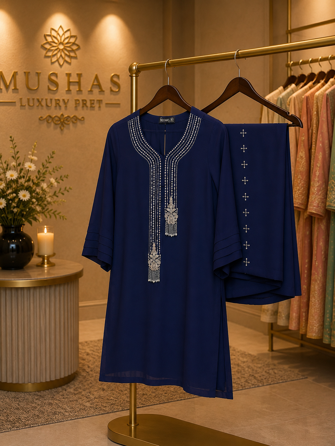 Navy Blue Embroidered Suit Set