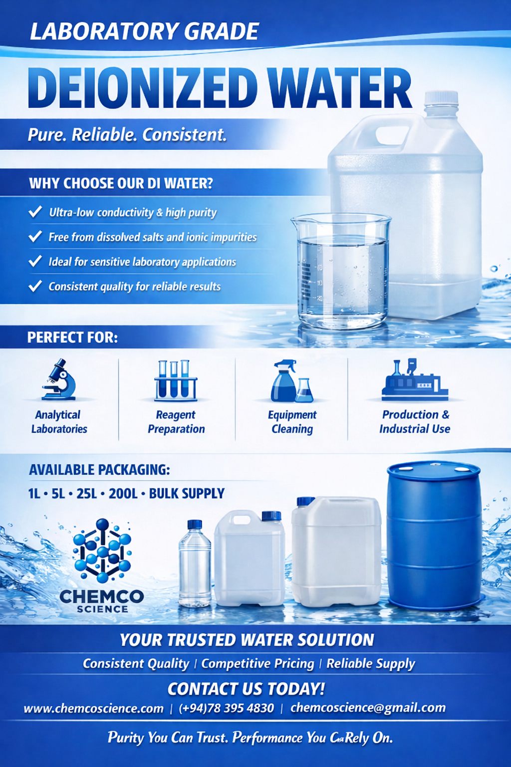 Laboratory Grade Pure De Ionized (DI) Water Grade A