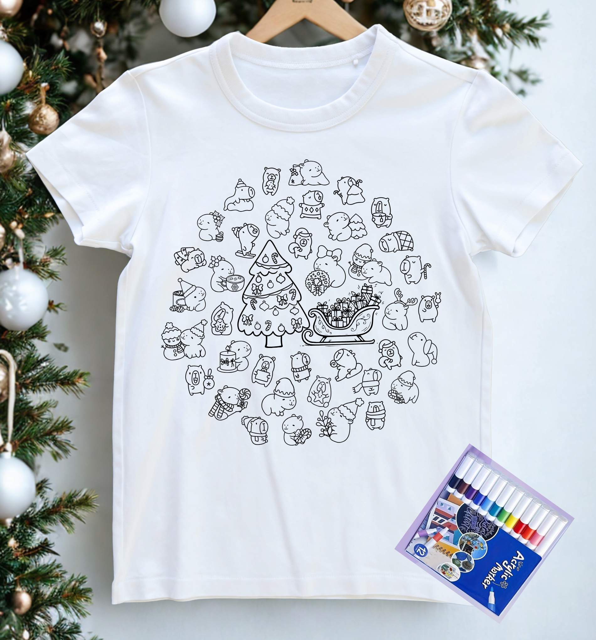 Kalėdiniai marškinėliai spalvinimui su flomasteriais