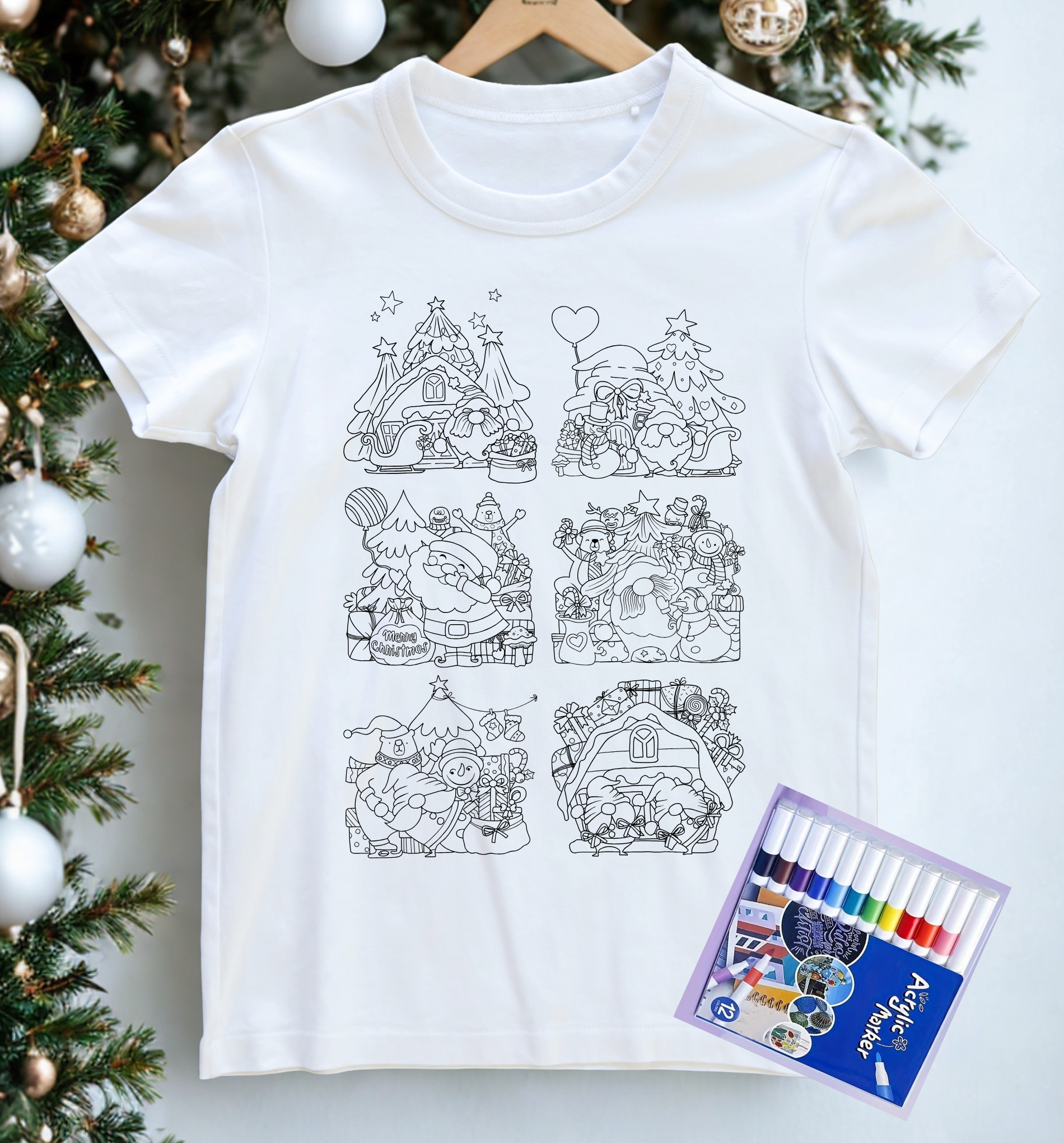 Kalėdiniai marškinėliai spalvinimui su flomasteriais