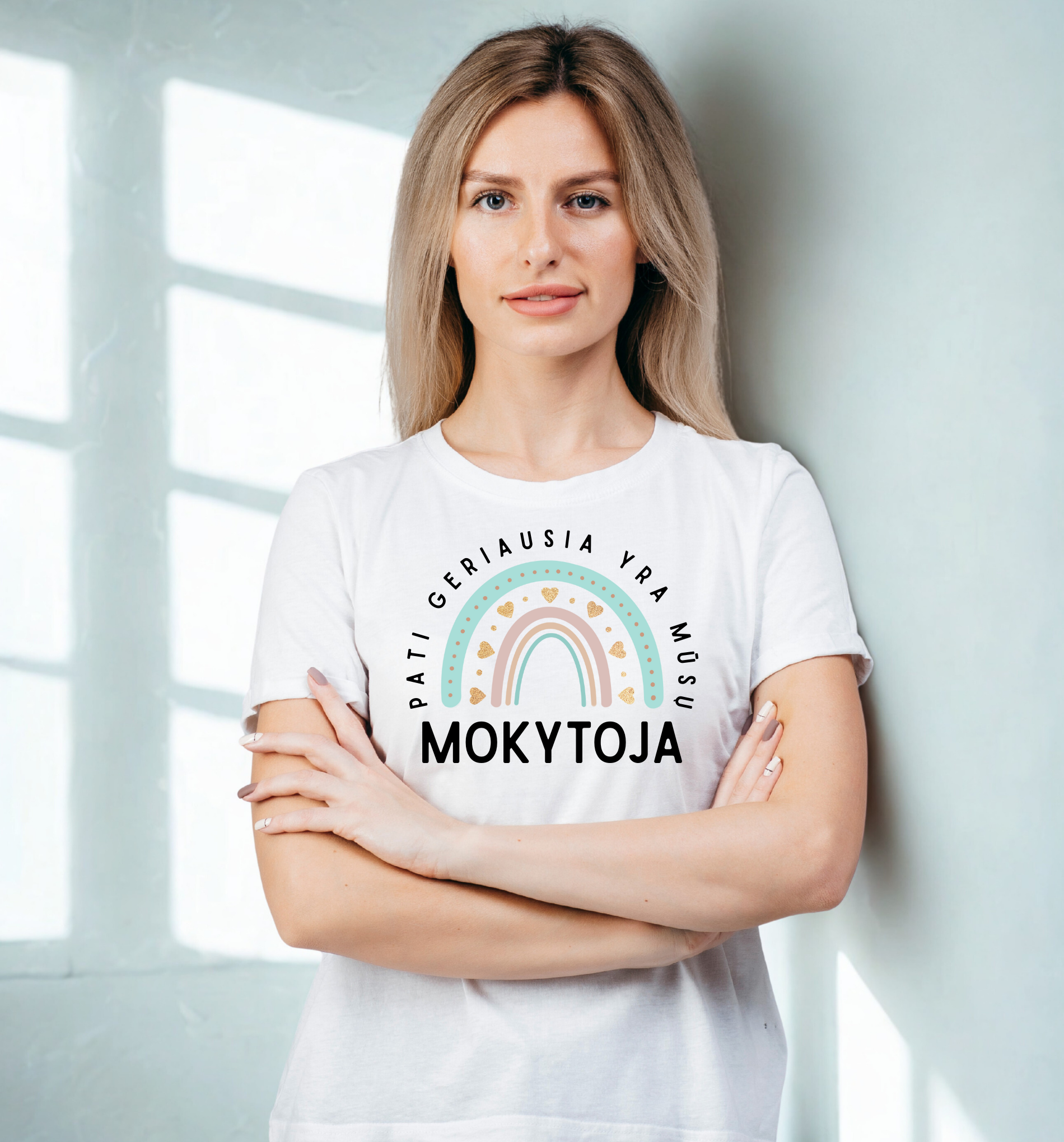 Moteriški balti marškinėliai GERIAUSIA MOKYTOJA