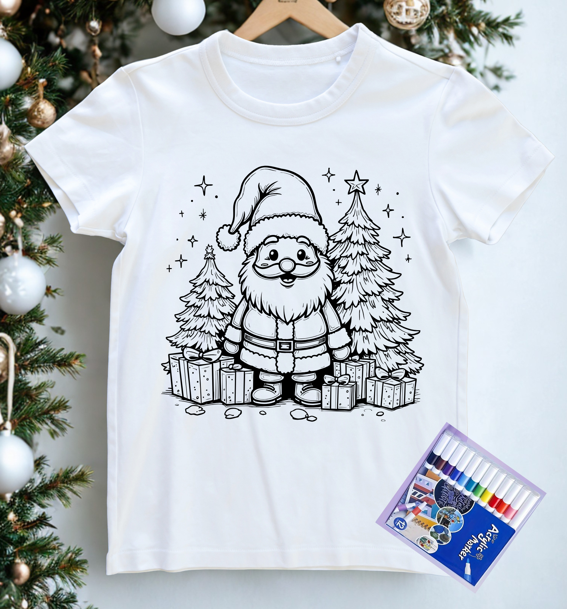 Kalėdiniai marškinėliai spalvinimui su flomasteriais