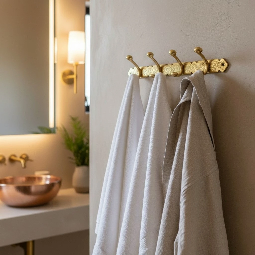 Porte-serviettes mural en cuivre artisanal – 4 crochets