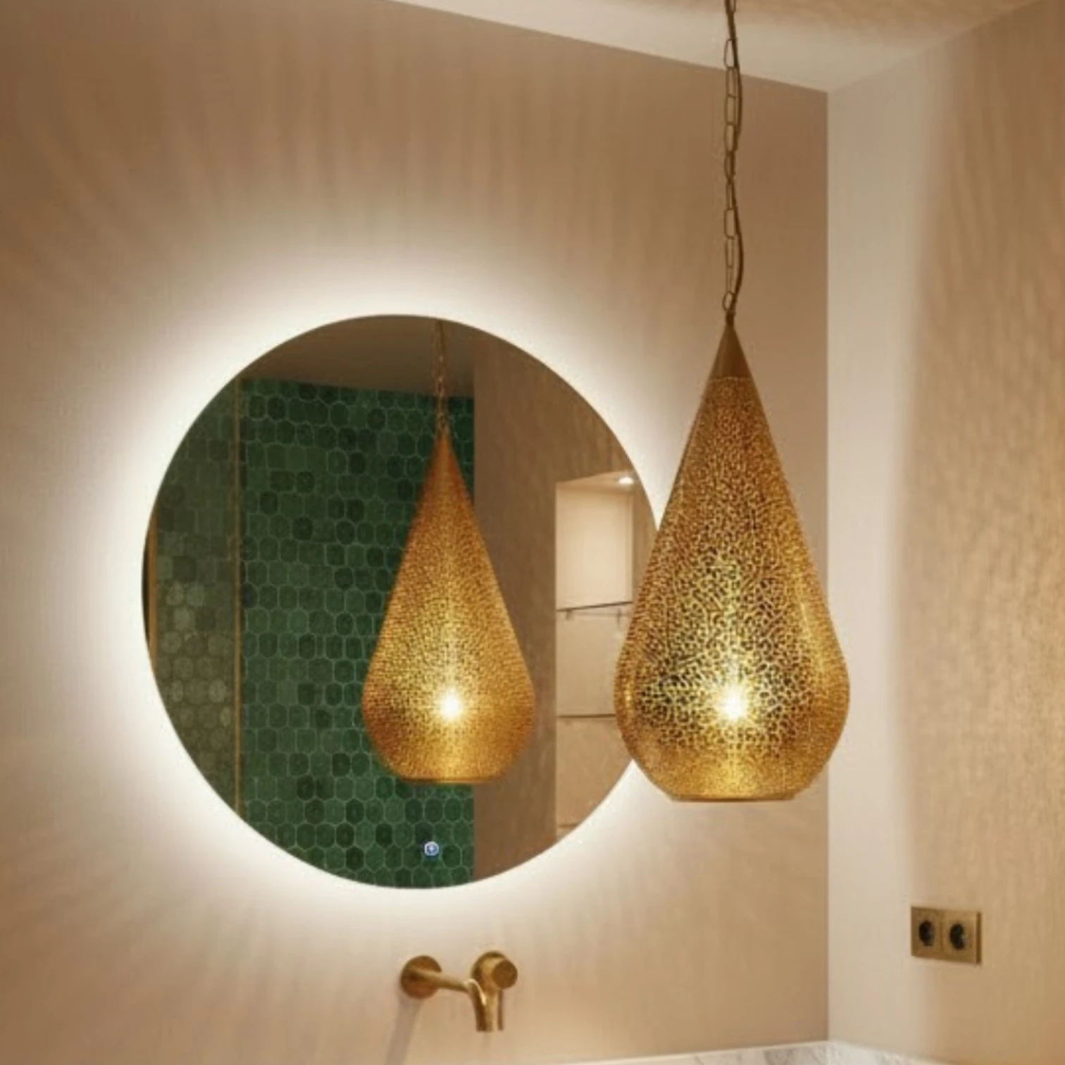 Lustre en cuivre perforé artisanal – Modèle goutte 46 cm