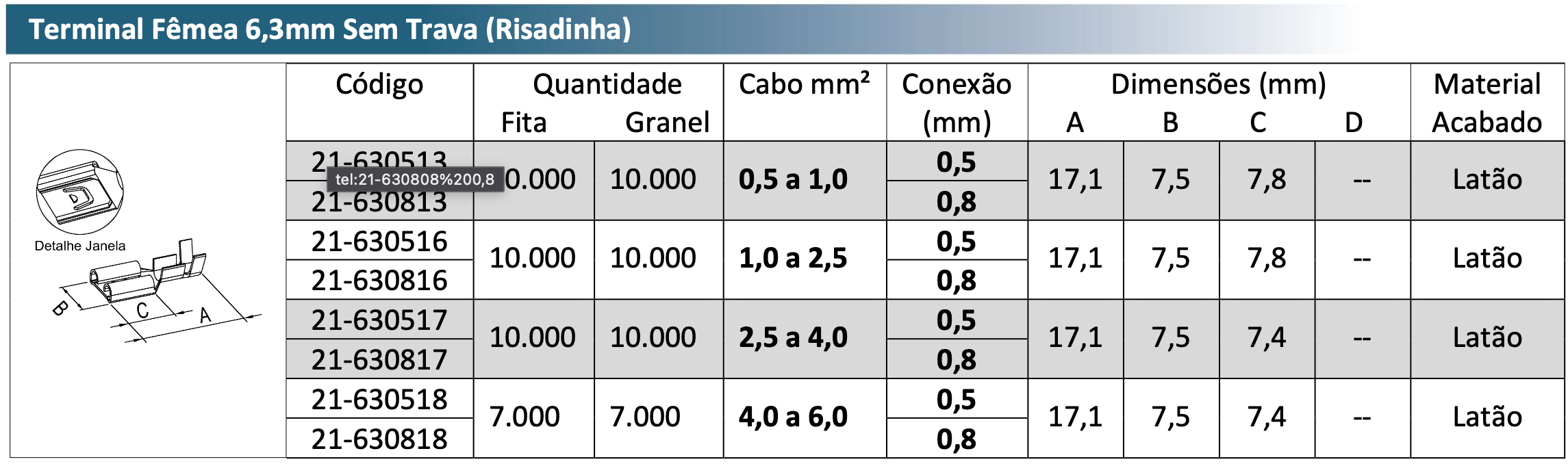 Terminal Fêmea 6,3mm Sem Trava (Risadinha)
