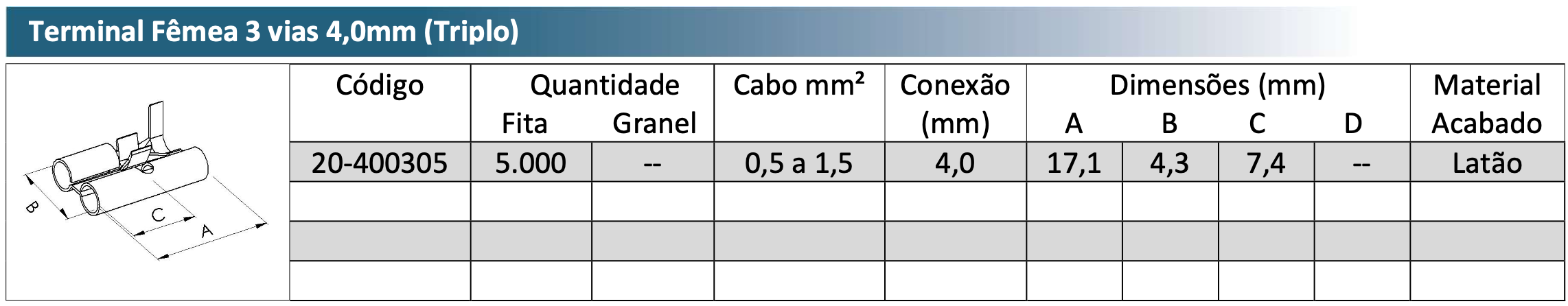 Terminal Fêmea 3 vias 4,0mm (Triplo)
