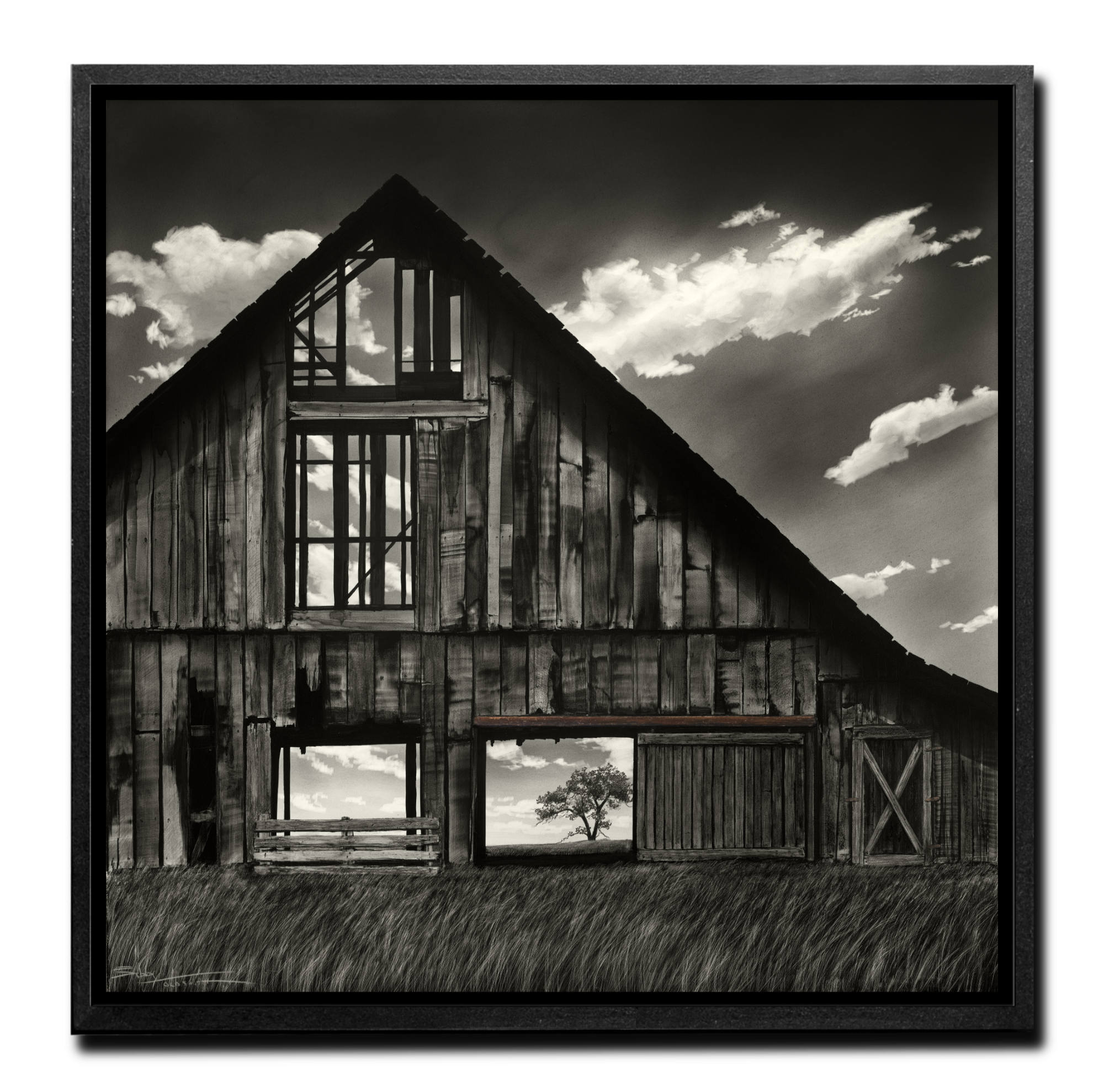 COTTONWOOD BARN ORIGINAL FRAMED  GRAPHITE DRAWING 34 X 34