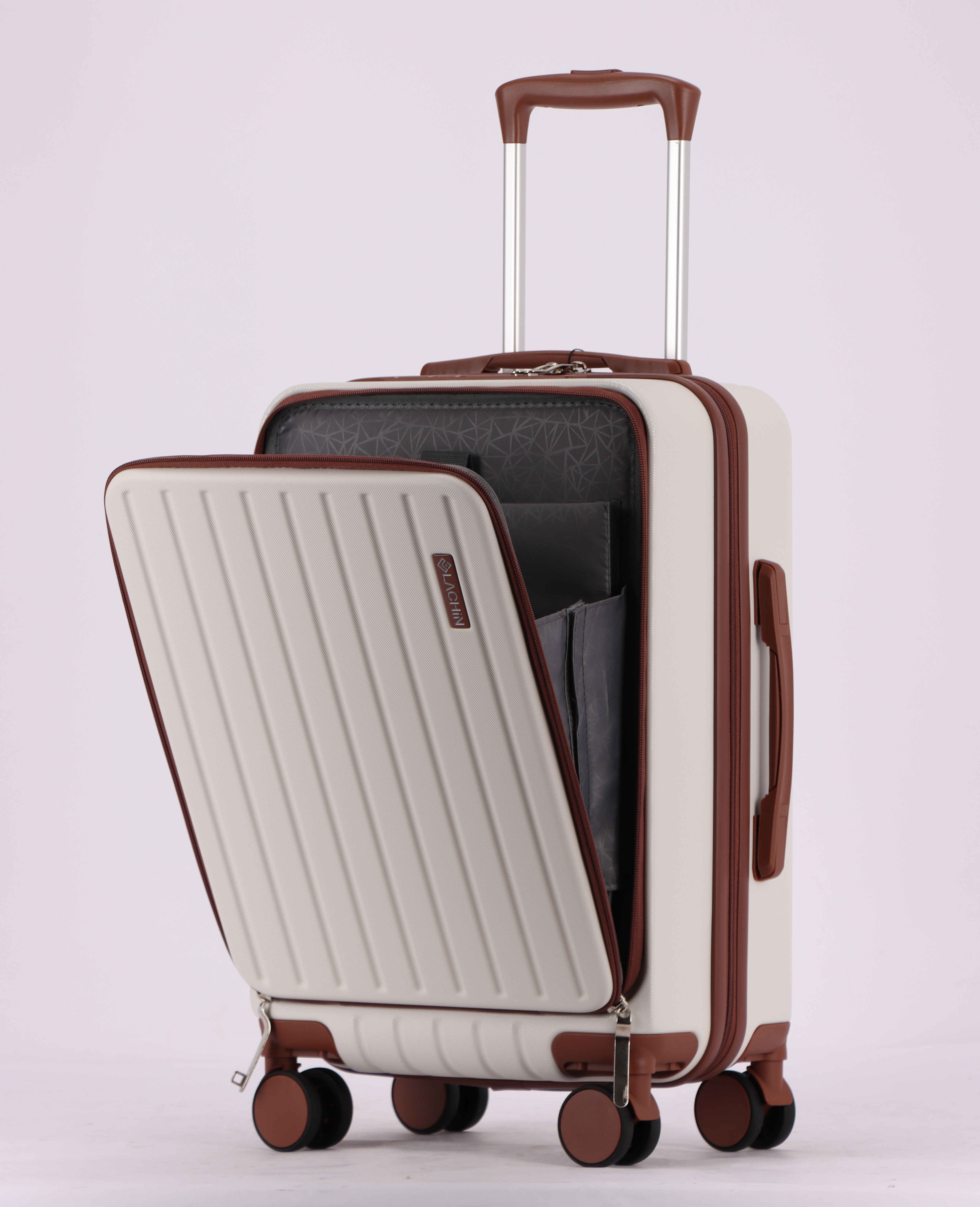 3-Piece Luggage Set – Hardshell ABS Suitcases with Spinner Wheels, Built-In TSA Combination Lock, Aluminum Handle, 20” Carry-On with USB & Type-C Ports and Front Laptop Pocket, Expandable 24” & 28” Checked Bags (IVORY-BROWN)