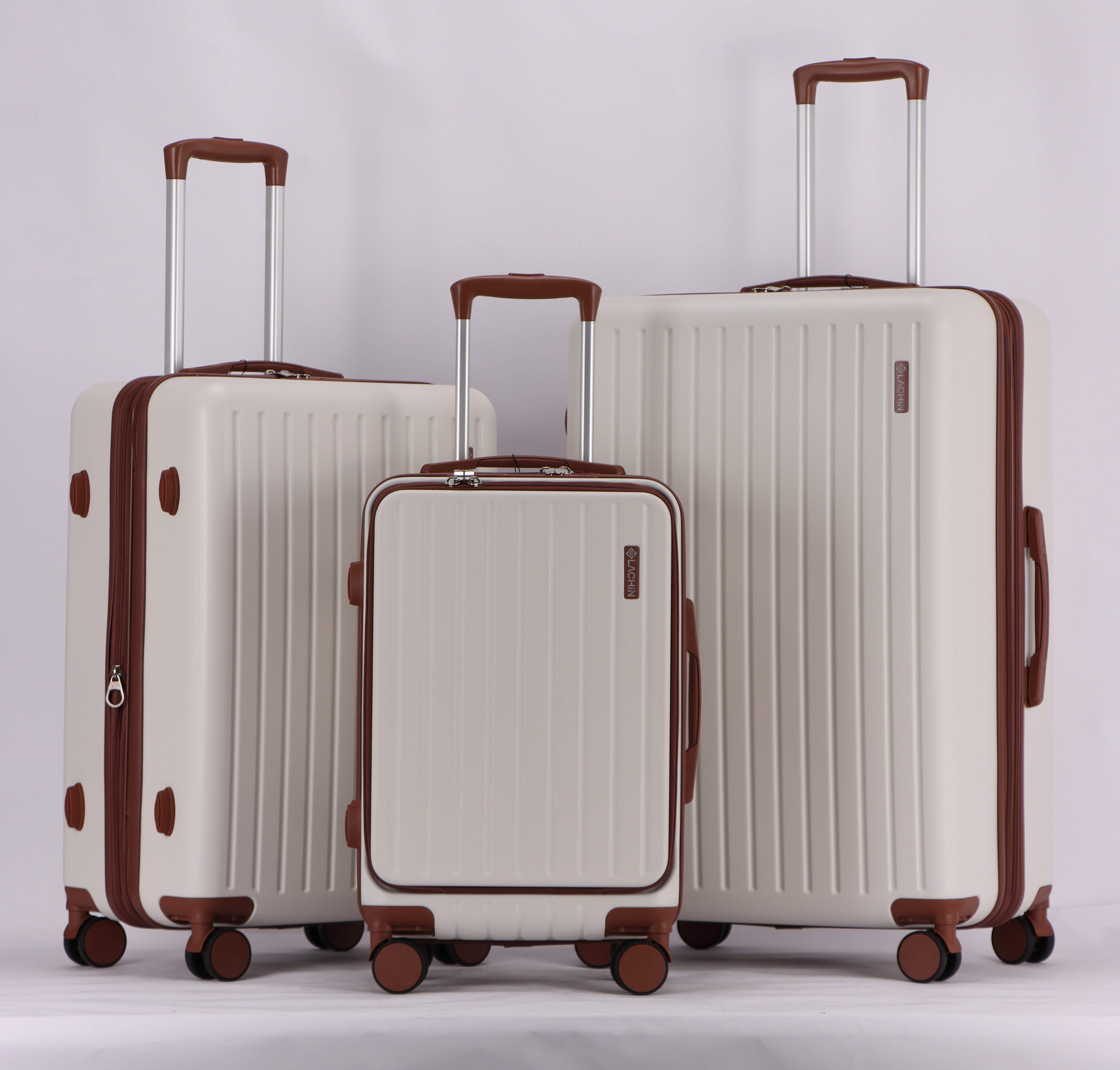 3-Piece Luggage Set – Hardshell ABS Suitcases with Spinner Wheels, Built-In TSA Combination Lock, Aluminum Handle, 20” Carry-On with USB & Type-C Ports and Front Laptop Pocket, Expandable 24” & 28” Checked Bags (IVORY-BROWN)