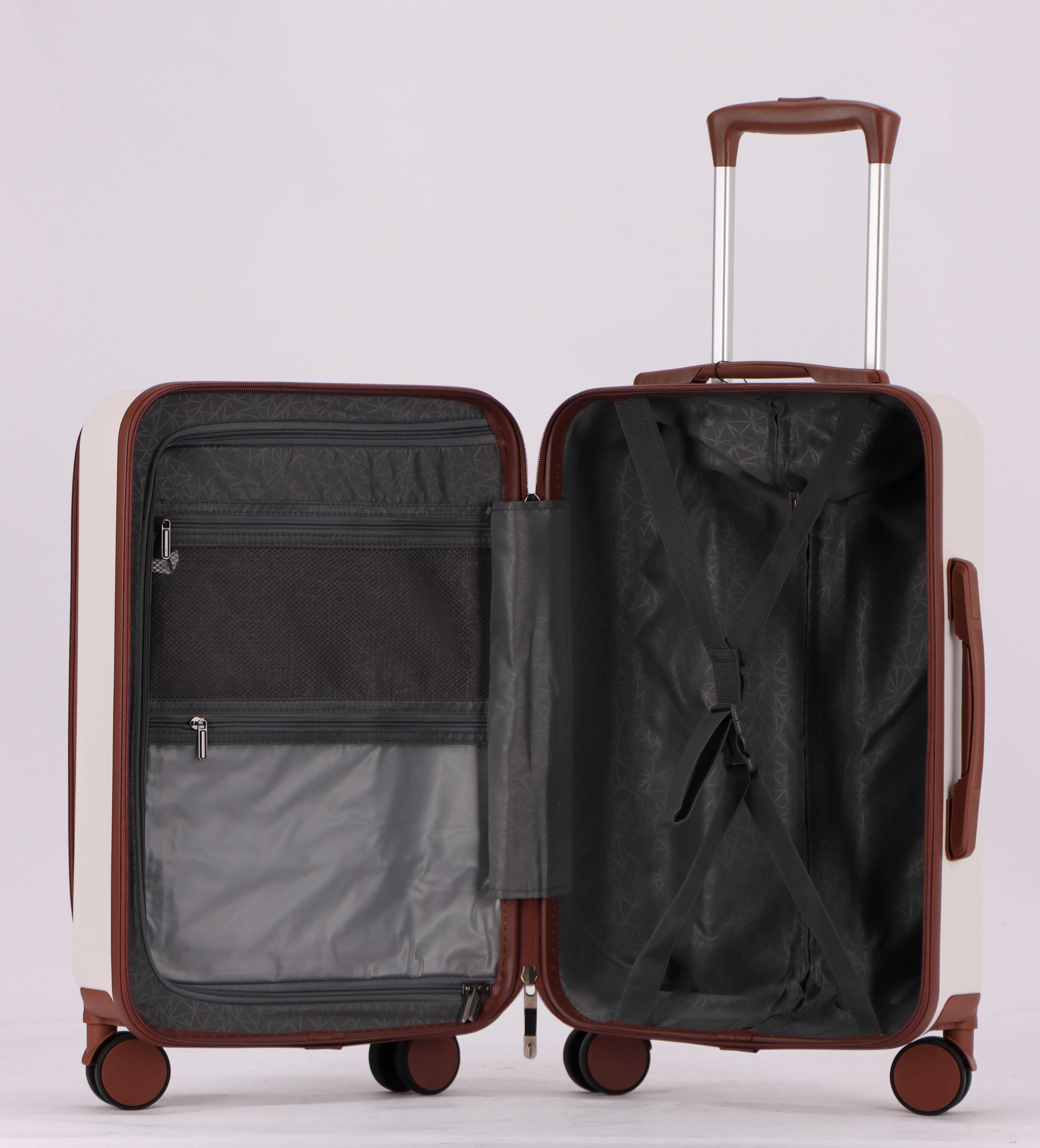 3-Piece Luggage Set – Hardshell ABS Suitcases with Spinner Wheels, Built-In TSA Combination Lock, Aluminum Handle, 20” Carry-On with USB & Type-C Ports and Front Laptop Pocket, Expandable 24” & 28” Checked Bags (IVORY-BROWN)