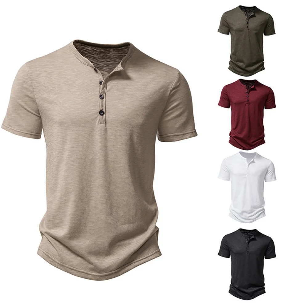Henley Collar Summer Men Casual Solid Color Short Sleeve T Shirt