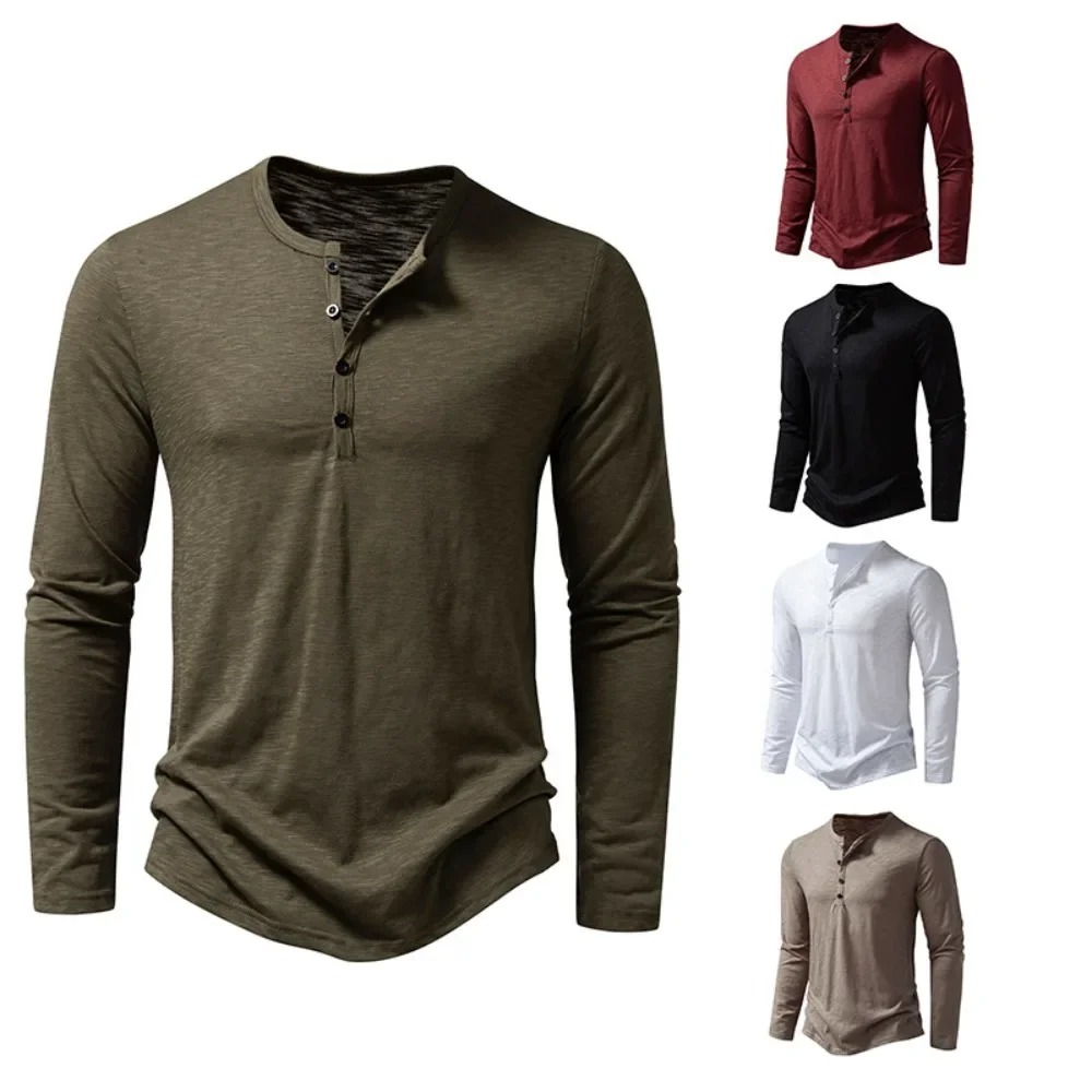 Autumn New Men's Cotton Button Long Sleeve Henley Neck T-Shirt