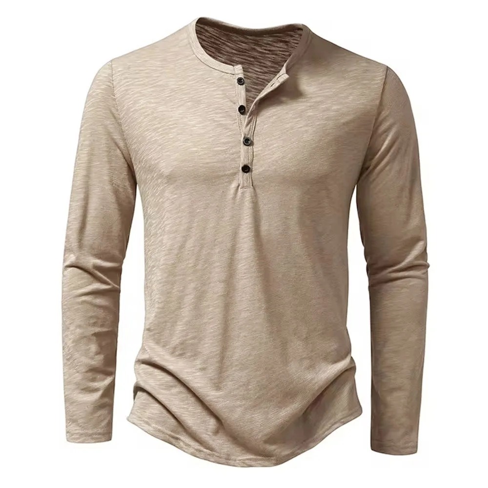 Autumn New Men's Cotton Button Long Sleeve Henley Neck T-Shirt
