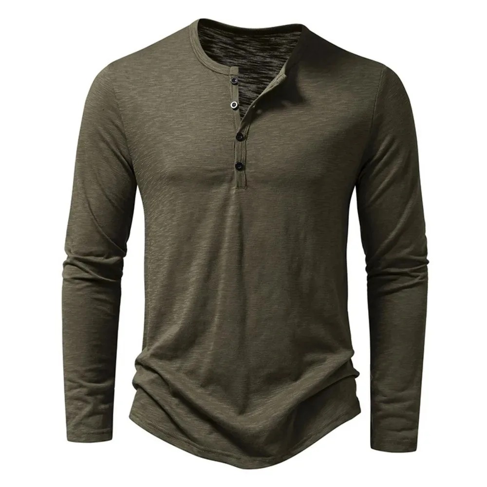 Autumn New Men's Cotton Button Long Sleeve Henley Neck T-Shirt