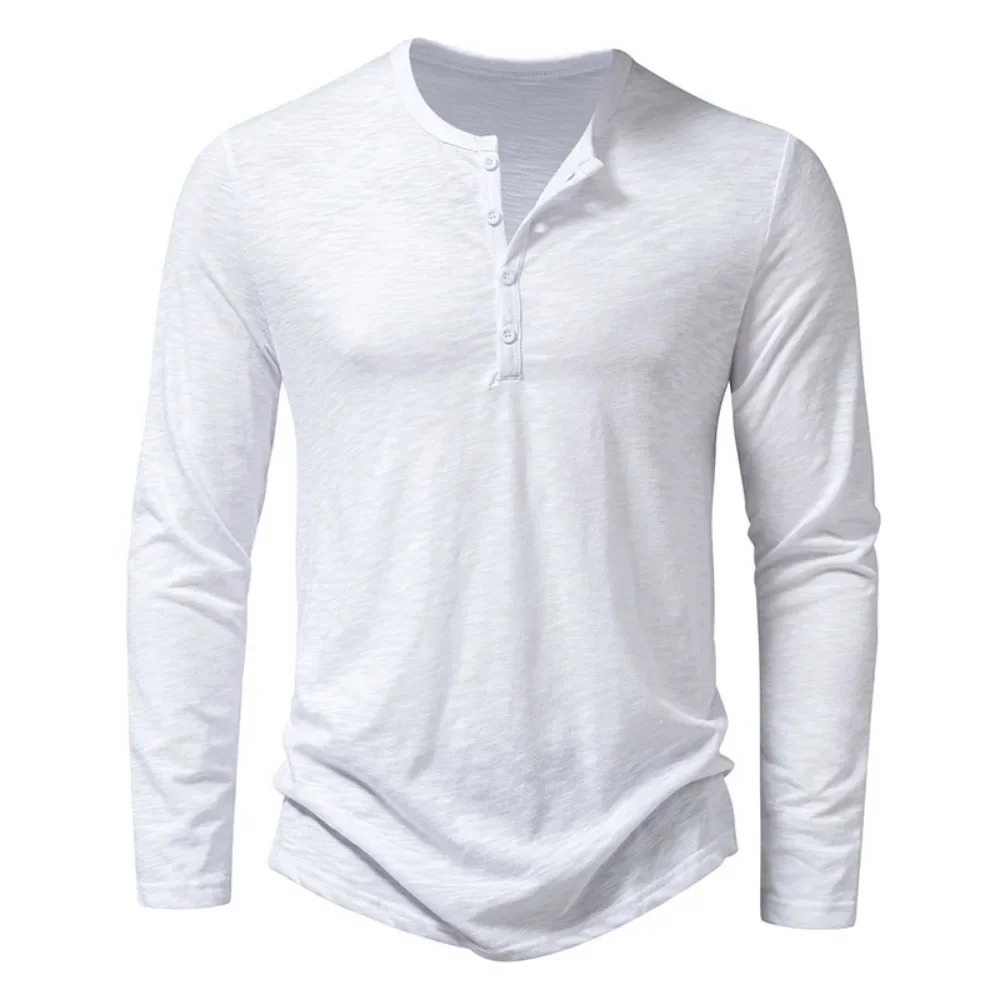 Autumn New Men's Cotton Button Long Sleeve Henley Neck T-Shirt
