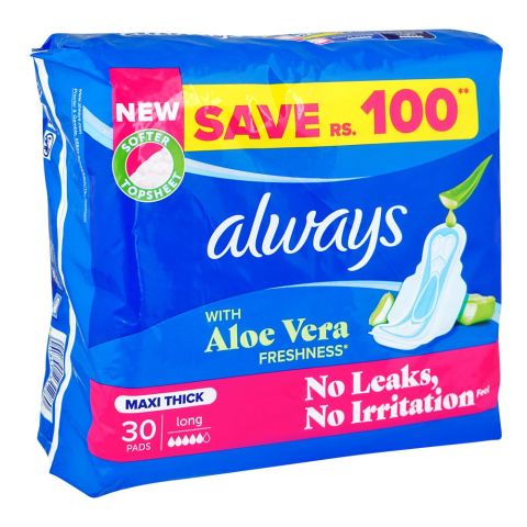 Always Aloe Vera Freshness Maxi Thick Long Pads, 30-Pack, Save Rs.100/-