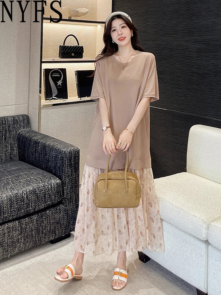 NYFS Summer 2025 Loose plus Size Woman Dress Korea Style Patchwork Flowers Hem Short Sleeve Long Dress Robe Elbise