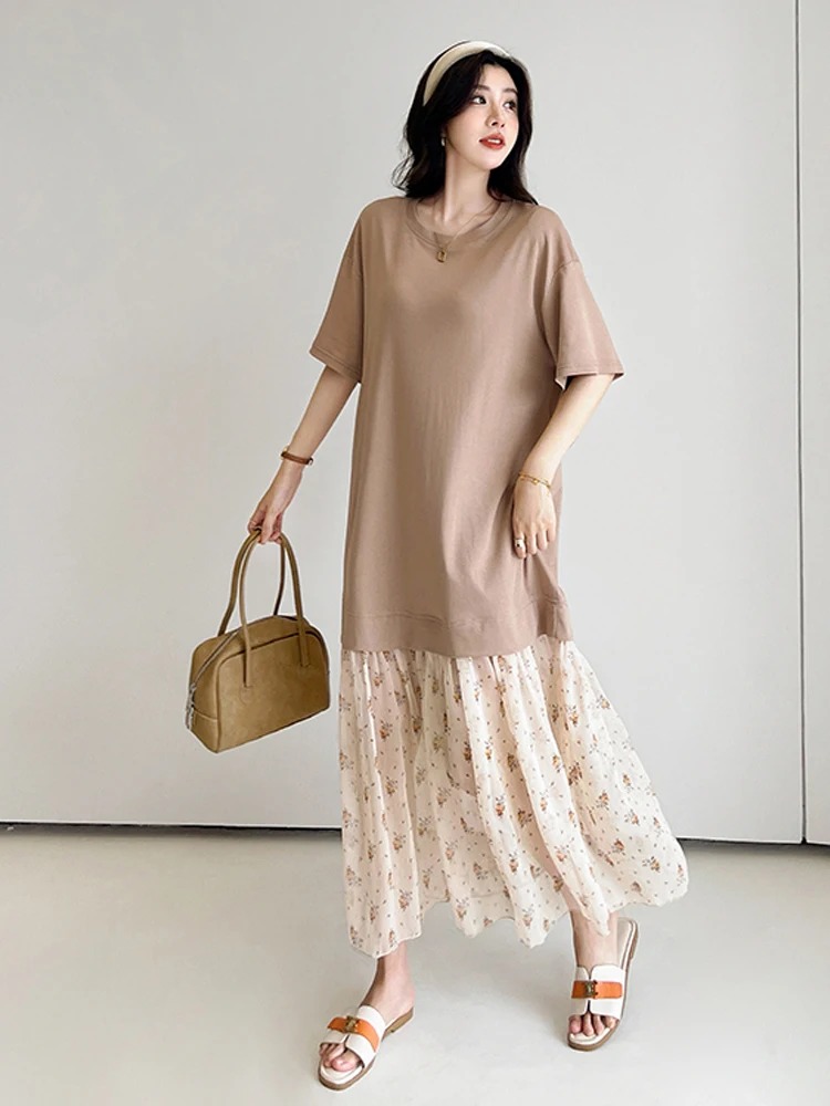 NYFS Summer 2025 Loose plus Size Woman Dress Korea Style Patchwork Flowers Hem Short Sleeve Long Dress Robe Elbise