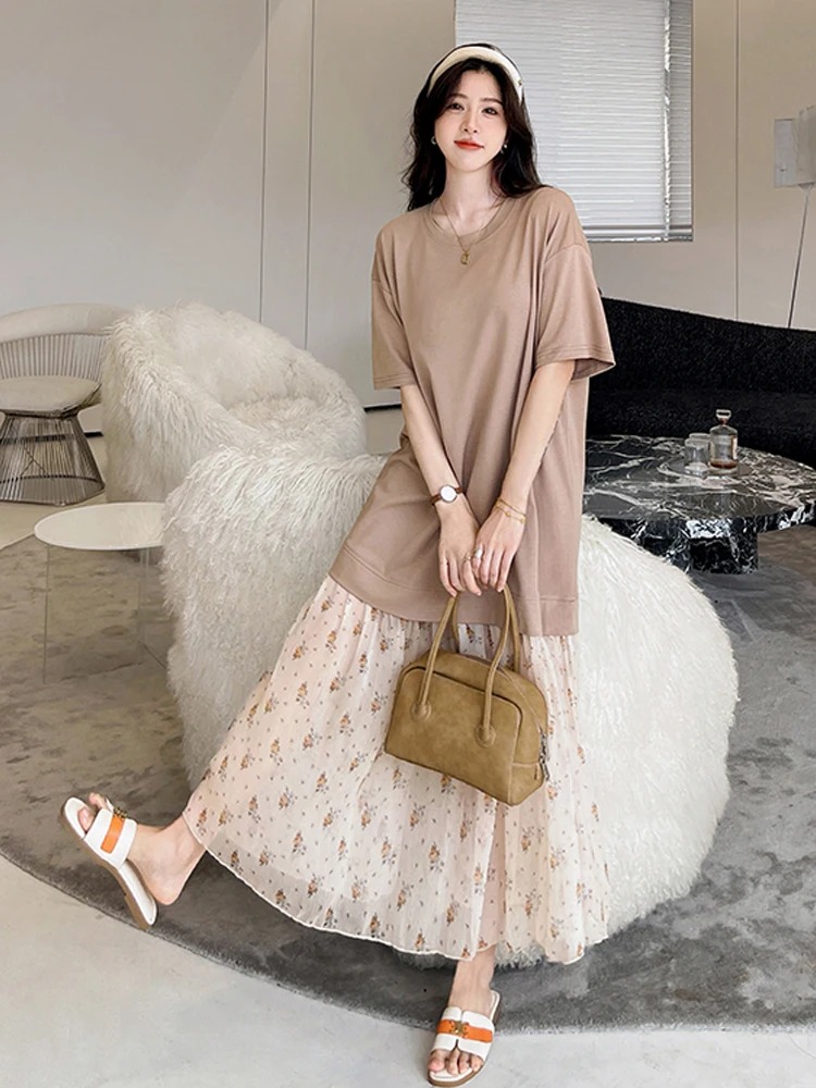 NYFS Summer 2025 Loose plus Size Woman Dress Korea Style Patchwork Flowers Hem Short Sleeve Long Dress Robe Elbise