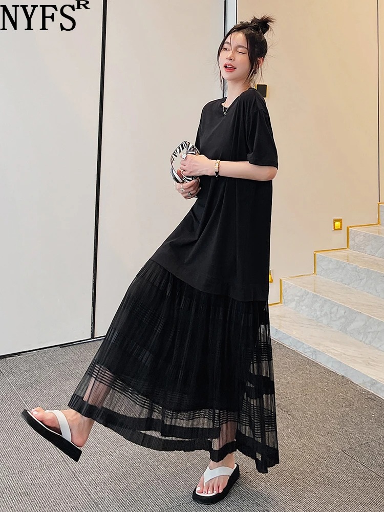 NYFS 2025 Summer Korea New Woman Dress Vestidos Robe Elbise Fashion Cotton Patchwork Net Yarn Short Sleeve Long Dresses