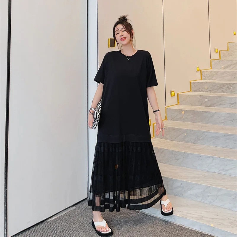 NYFS 2025 Summer Korea New Woman Dress Vestidos Robe Elbise Fashion Cotton Patchwork Net Yarn Short Sleeve Long Dresses