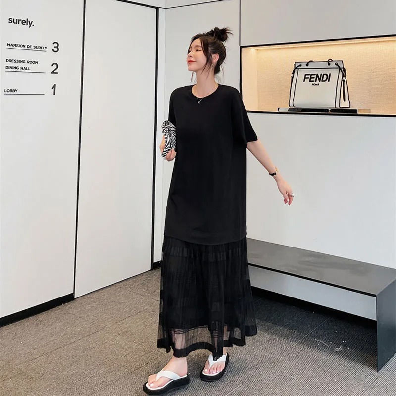 NYFS 2025 Summer Korea New Woman Dress Vestidos Robe Elbise Fashion Cotton Patchwork Net Yarn Short Sleeve Long Dresses