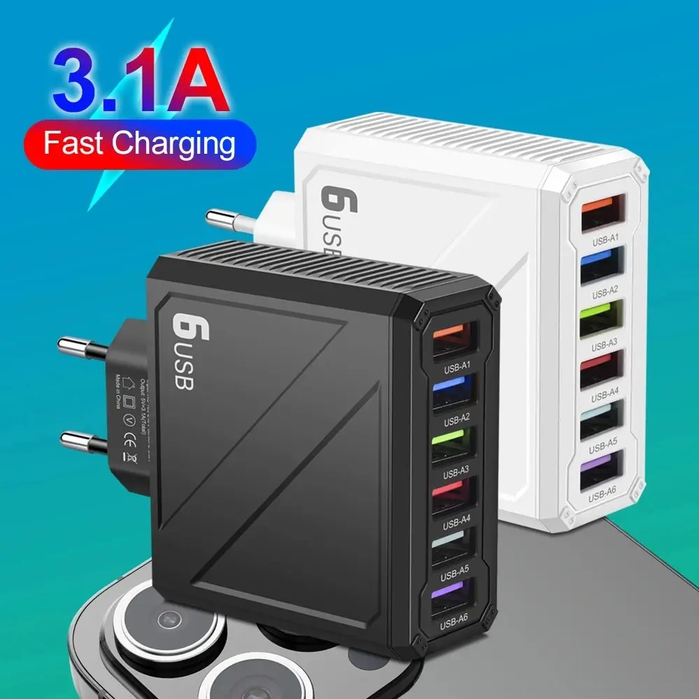 3.1A 6Ports USB Charger Fast Charging Wall Charger Quick Charge For iPhone Samsung Xiaomi Huawei Mobile Phone Adapte