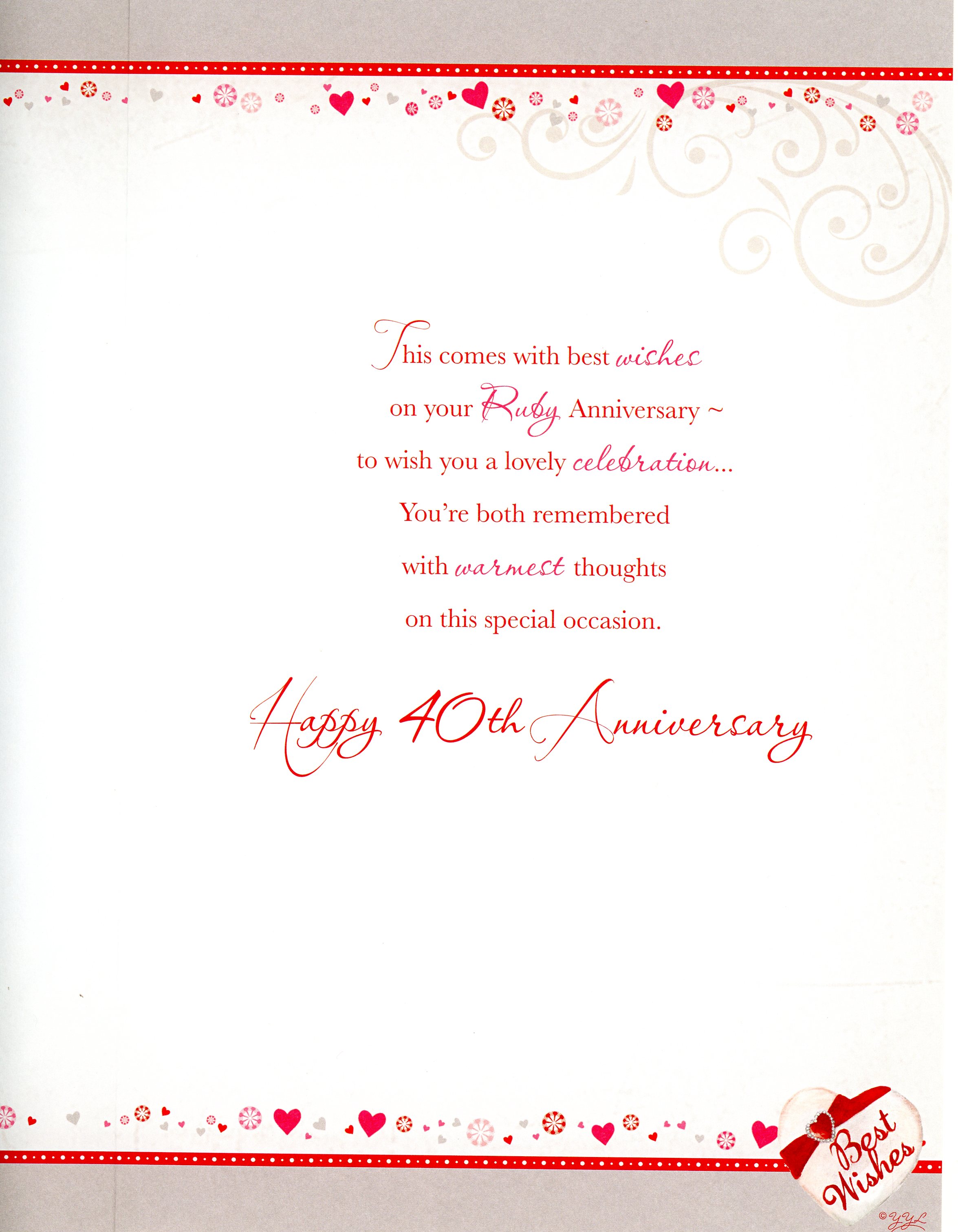 Ruby Anniversary Card with keepsake.