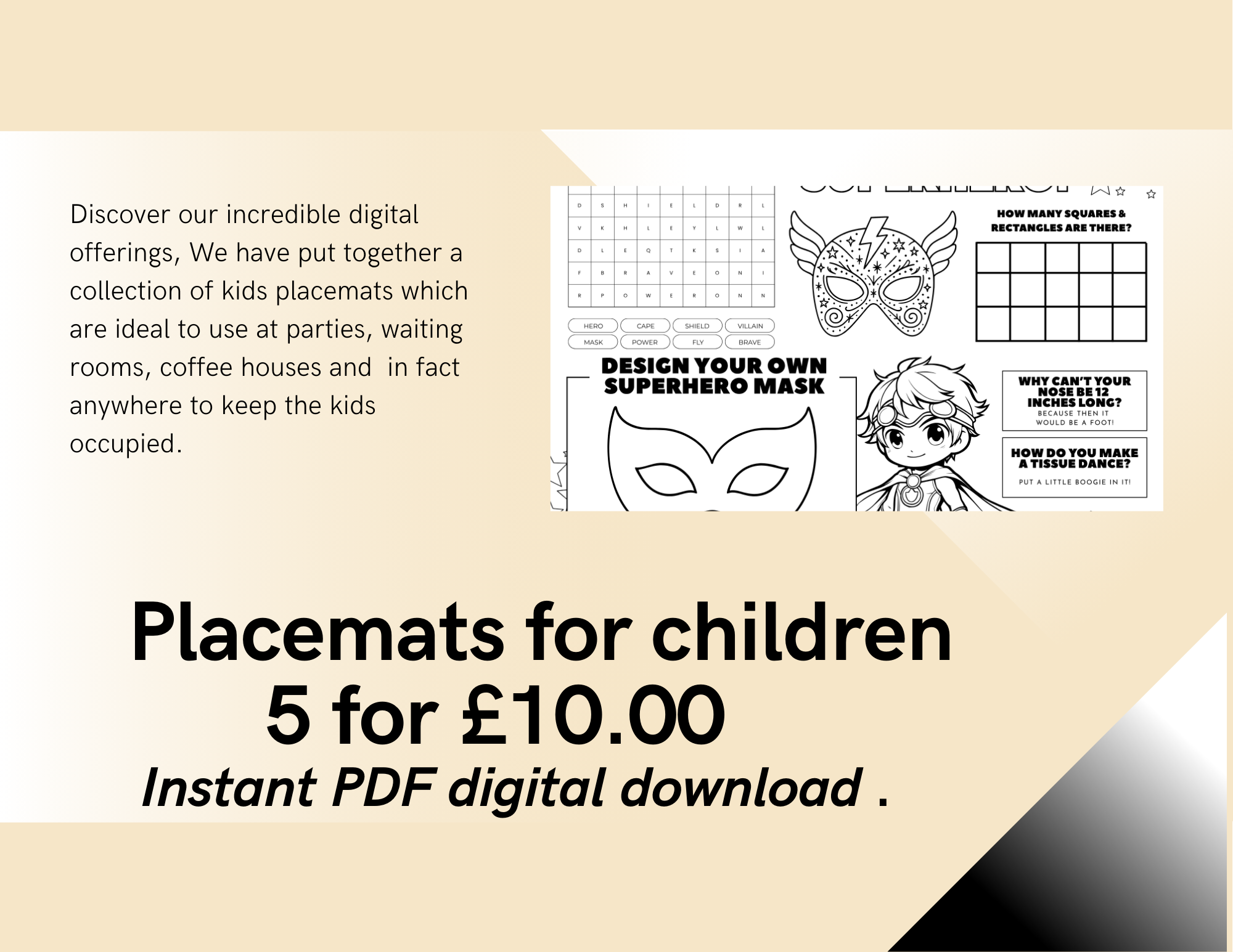 5 Pack of themed Children's Activity Colouring Sheets. Ideal for Parties,Class Rooms, and Artistic Pastimes.