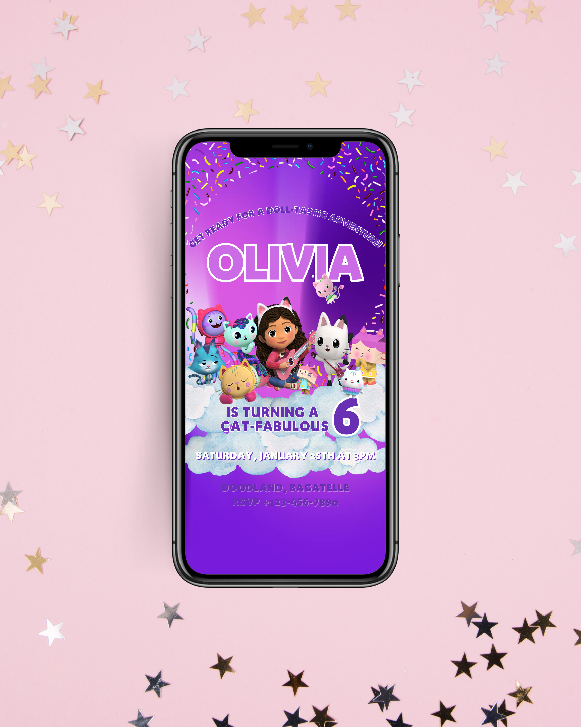 Gabby’s Dollhouse Birthday Digital Invitation – Editable Phone Invite