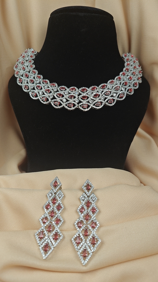 Designer Ruby Coloured Choker Necklace Set