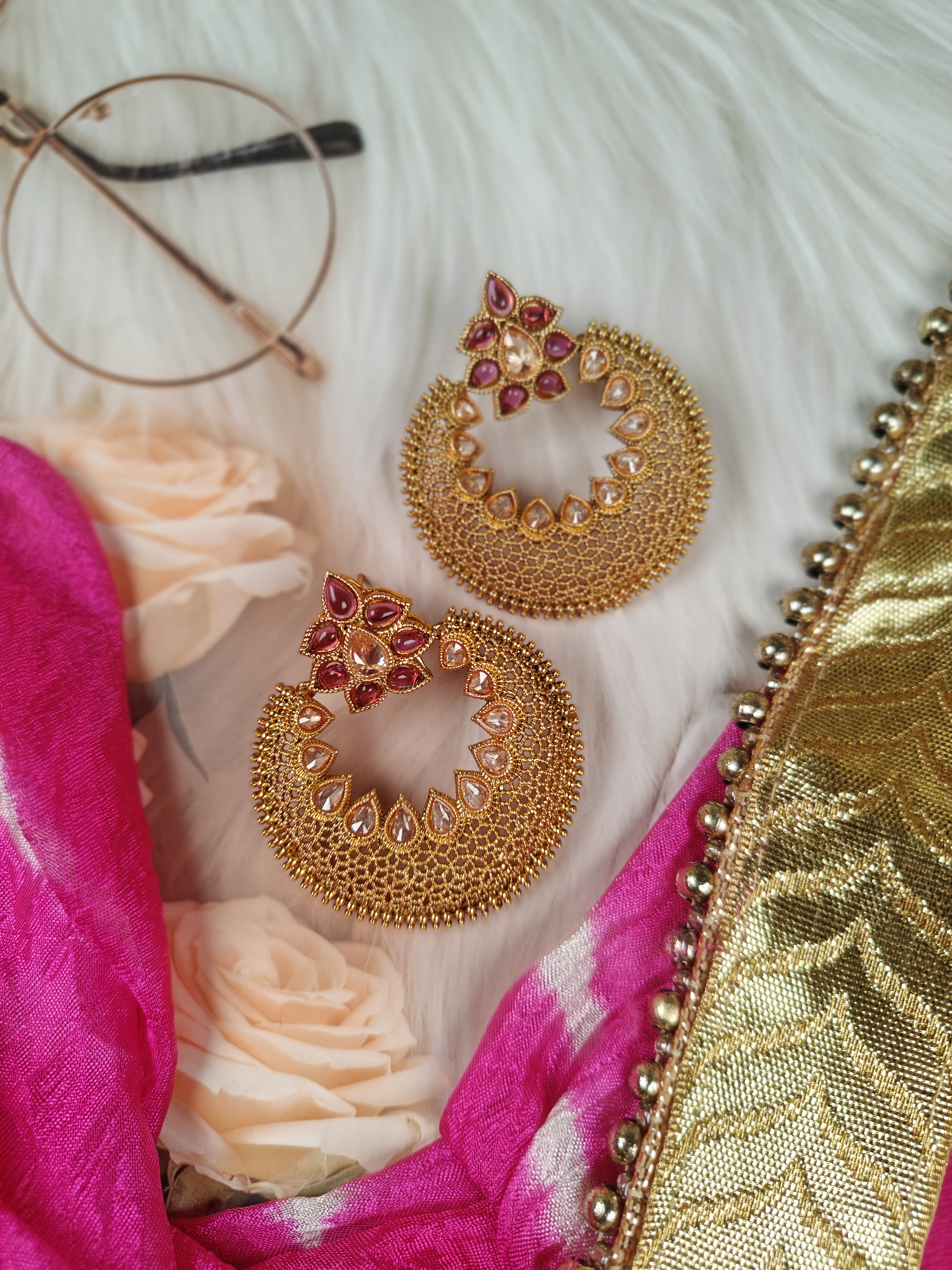 Antique Gold Plated Round Earrings with Ruby Pink Stones
