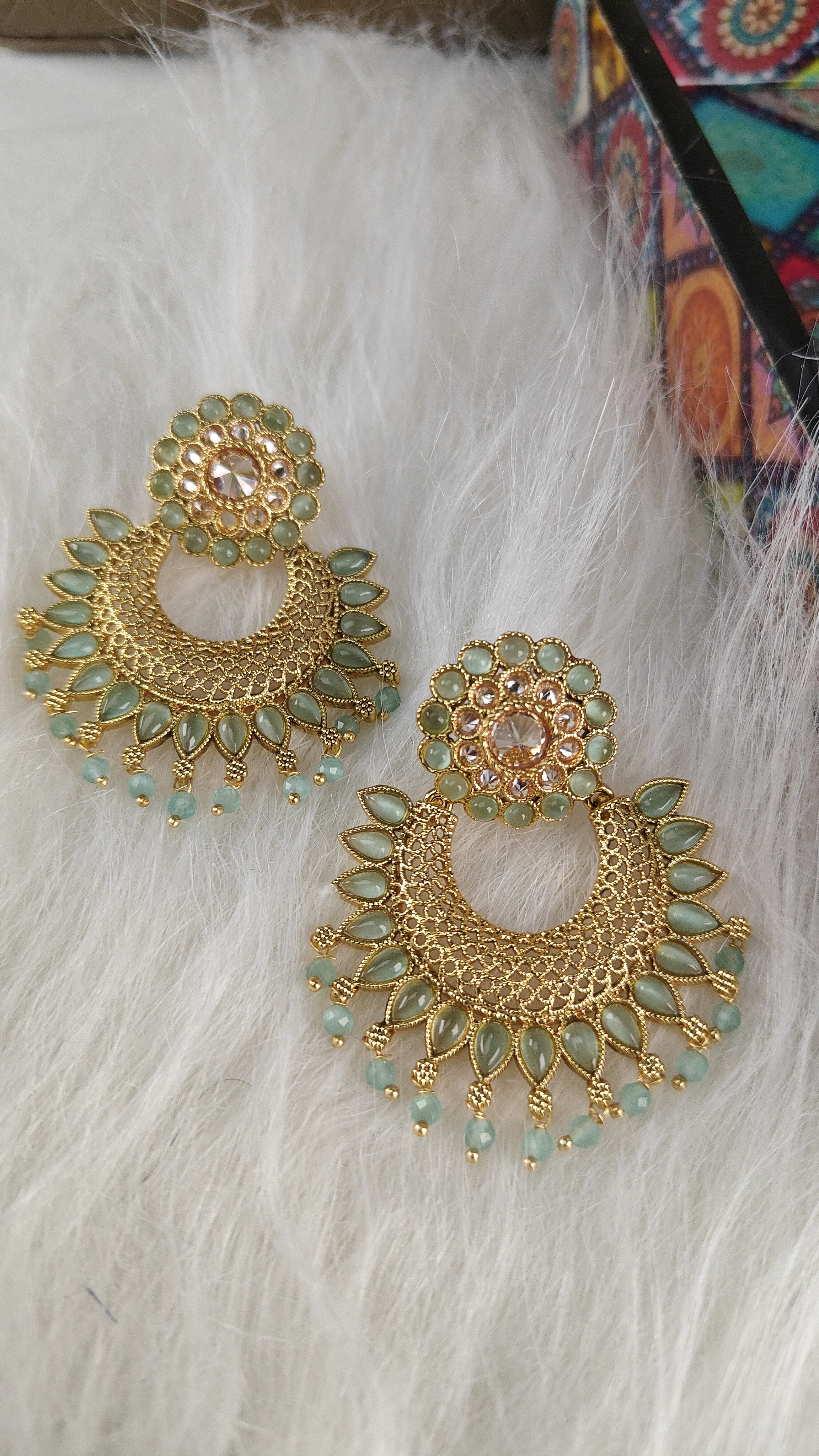 Mint Green Meenakari Chandbali Earrings