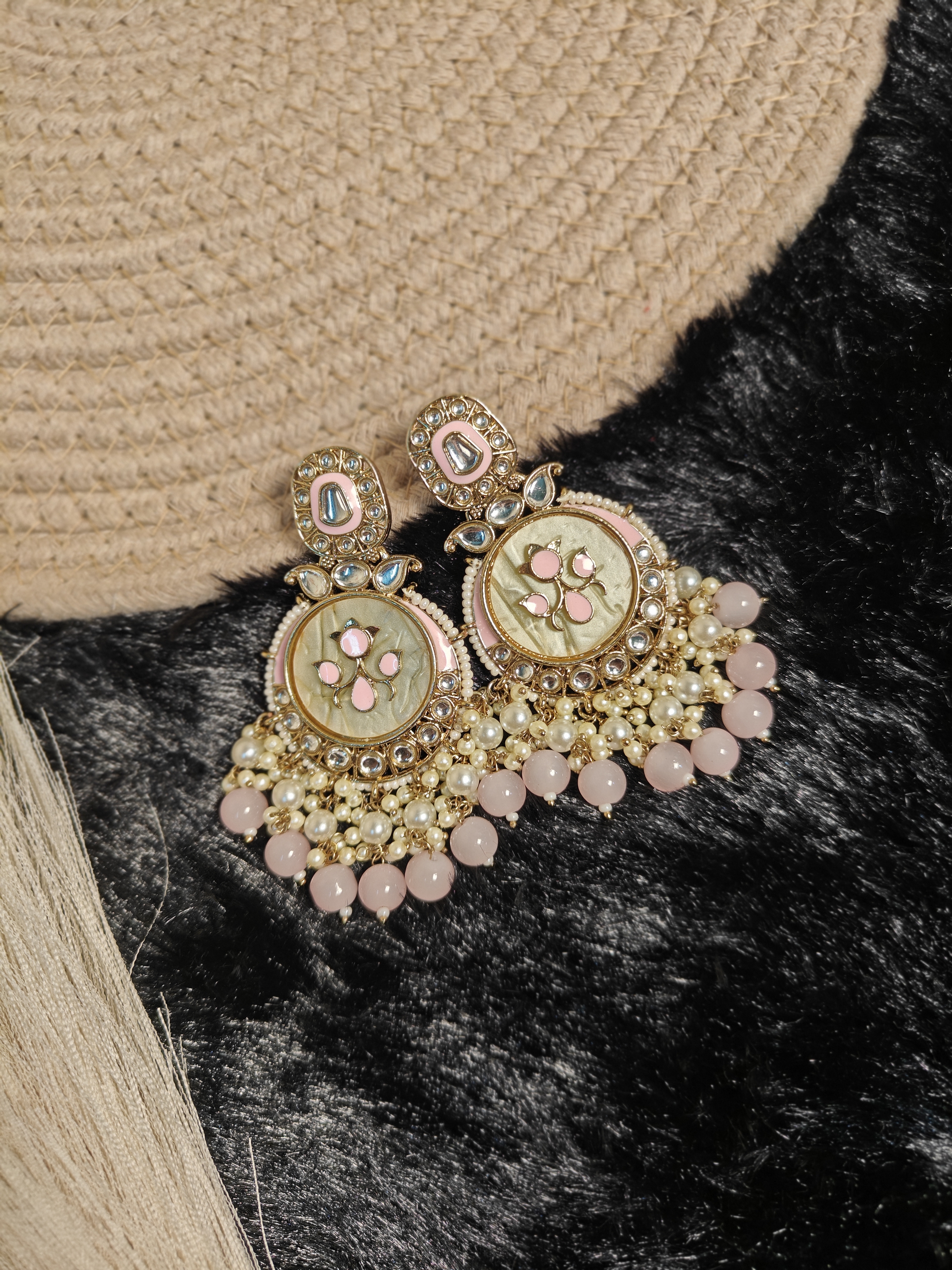 Pastel Pink Ethnic Earrings with Floral Motif and Kundan Work