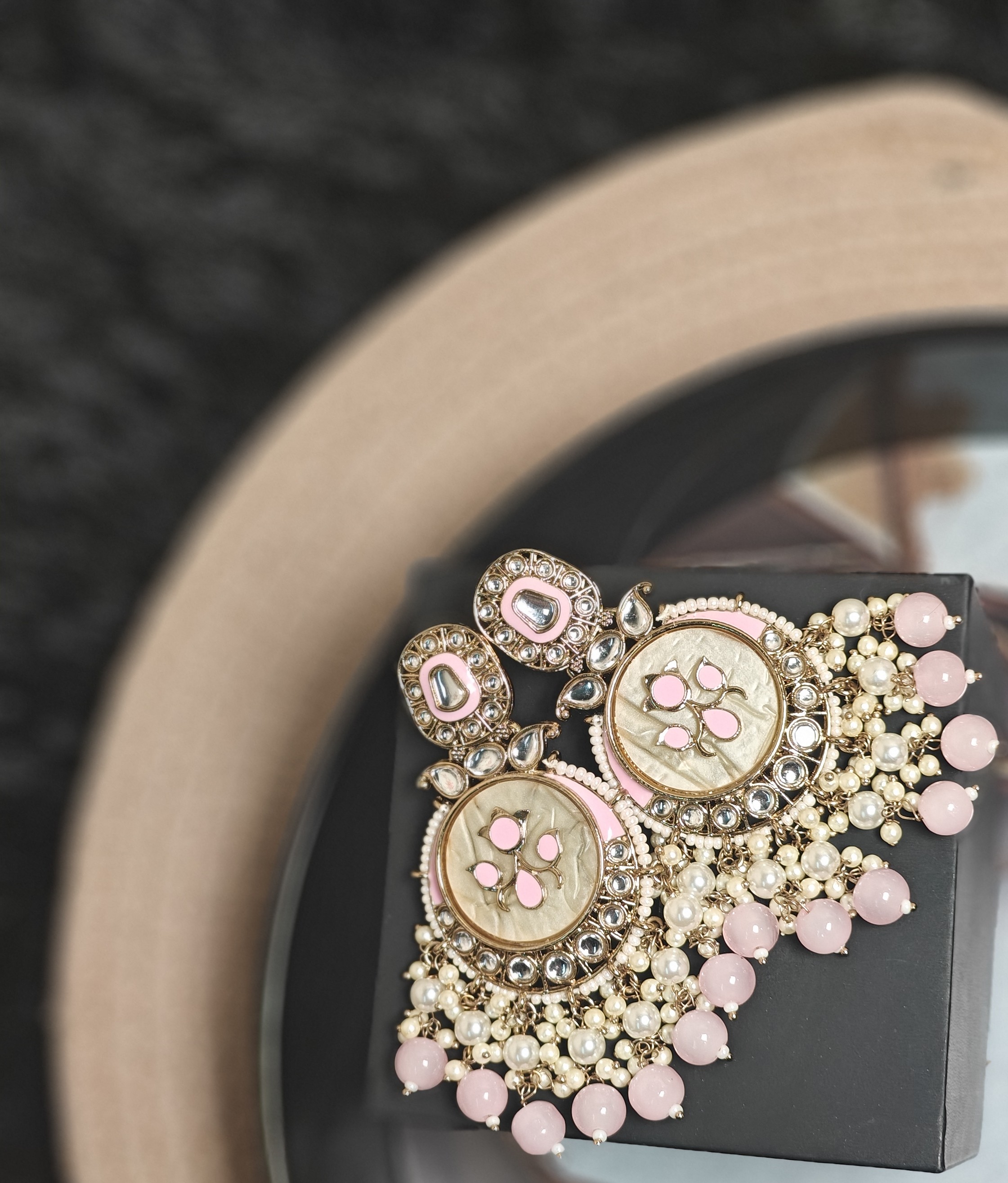 Pastel Pink Ethnic Earrings with Floral Motif and Kundan Work