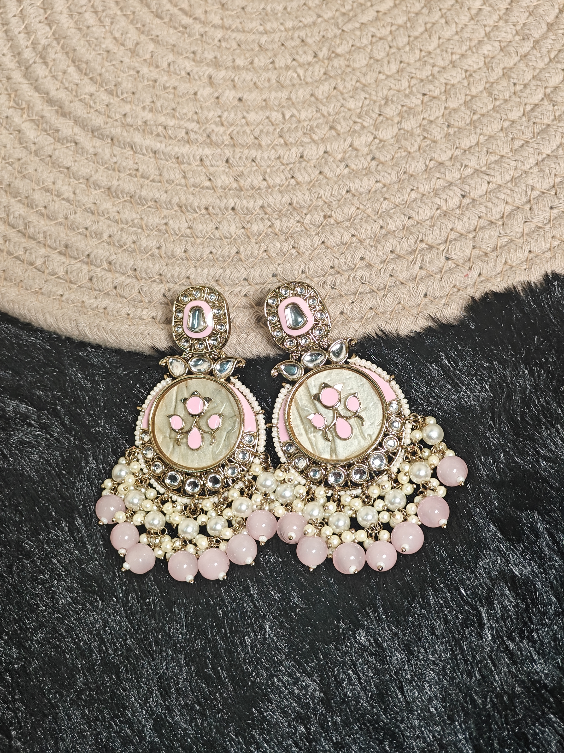 Pastel Pink Ethnic Earrings with Floral Motif and Kundan Work