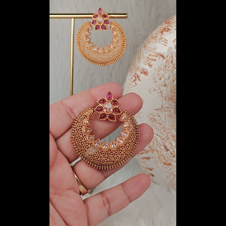 Antique Gold Plated Round Earrings with Ruby Pink Stones